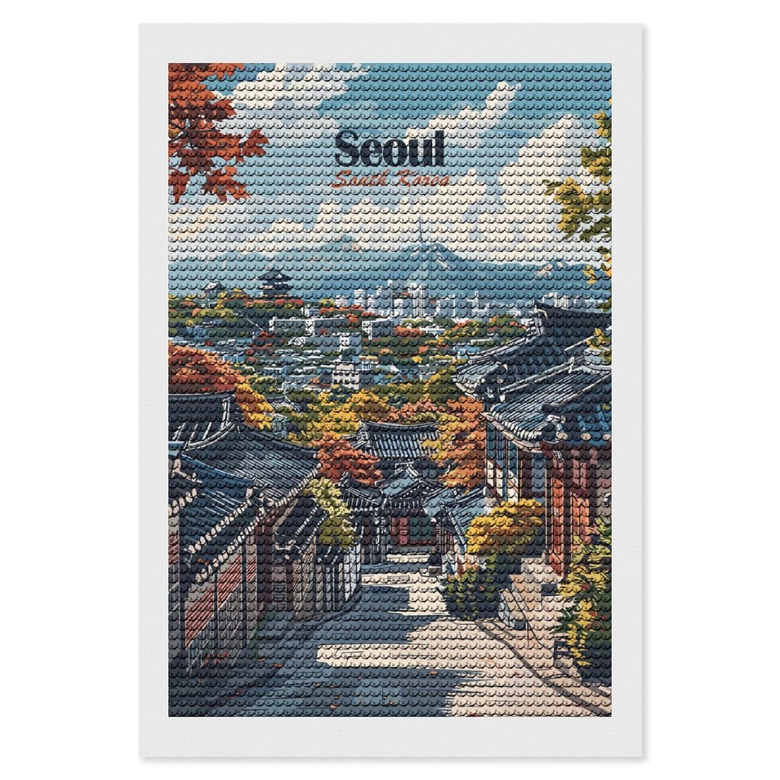 Junmoney Seoul Cityscape DIY Diamond Art Canvas Kit 8"x12", Relaxing DIY, Sparkling Crystal Beads, Vintage Style Decor, Holiday Gift Idea
