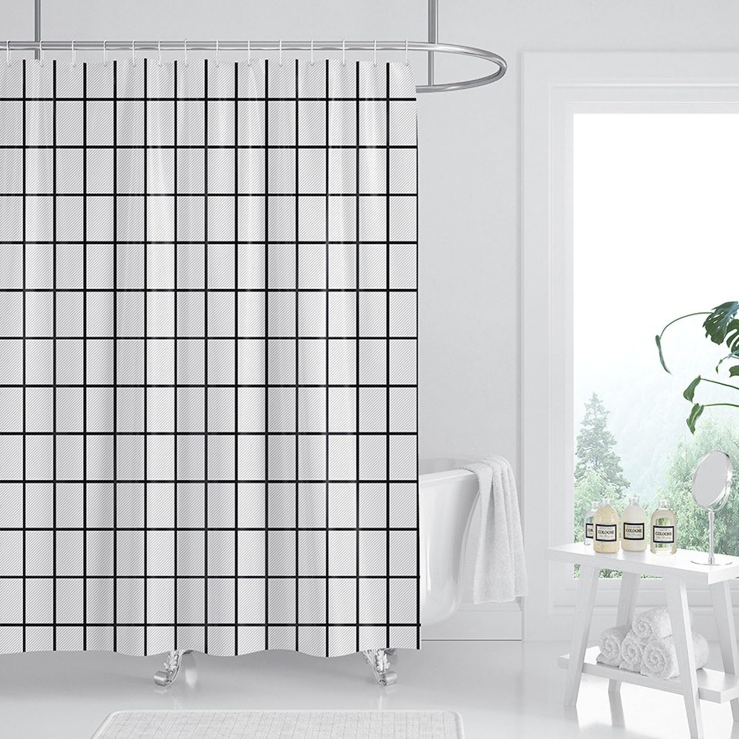 Fszhenzuan White Grid I Shower Curtain 180X180cm Drop Water Repellent Shower Curtain With Hooks Washable Polyester Fabric White Grid Decorative Bathroom Curtains, Weighted Hem