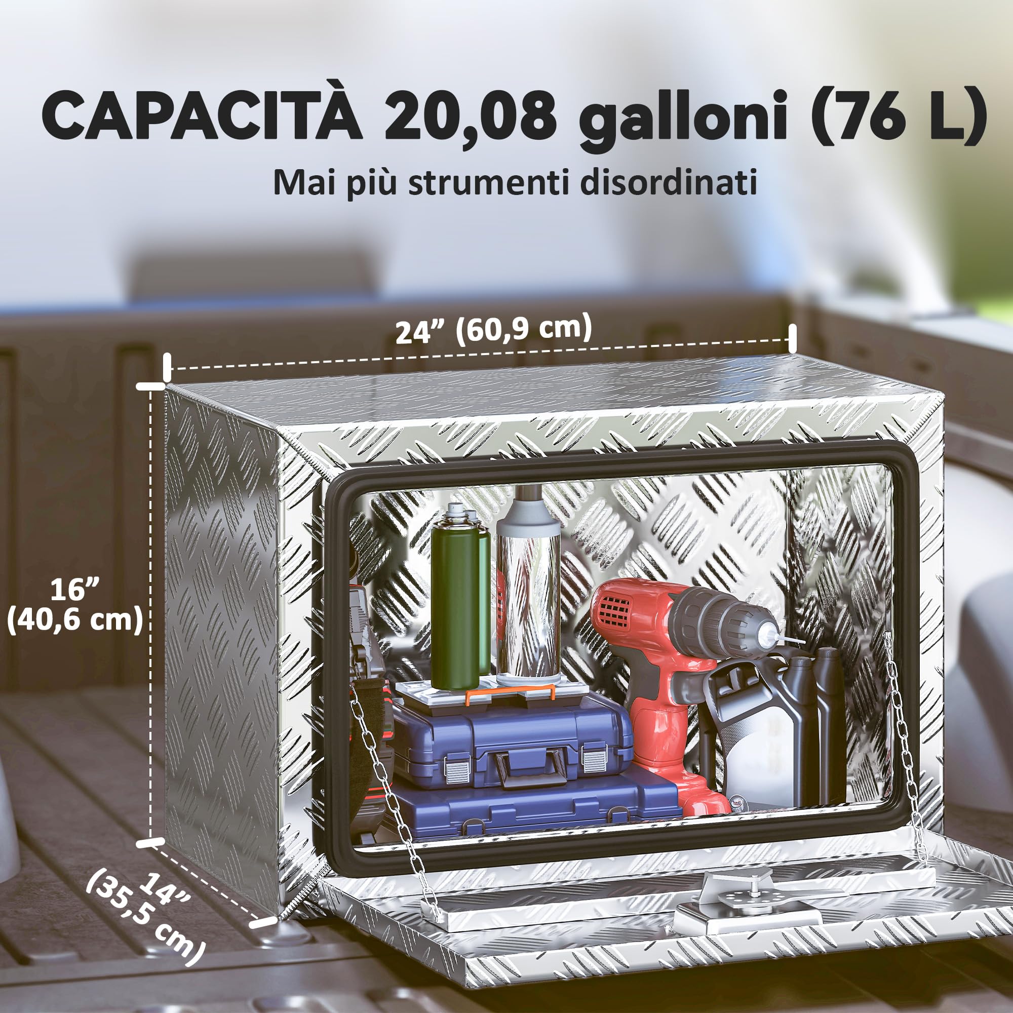 HOMCOM Boîte à Outils pour Camion en Aluminium 60,9x35,5x40,6cm, Argent | Caisse Aluminium Remorque, Coffre de Rangement pour Camion 76L à Texture Diamant, Serrure et Clés, Couvercle Rabattable