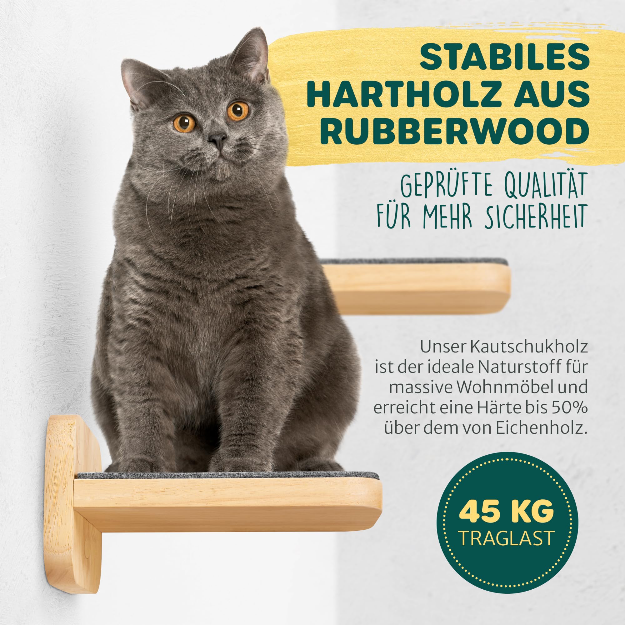 HAPPYPET Katzentreppen 3er-Set für Wandmontage - Nachhaltiges Hartholz, Designer Kletterwand Katzen, Katzentreppe mit Filzbezug, Katzenleiter, Katzenwand zum Klettern, Catwalk, Größe M 22 x 15 cm