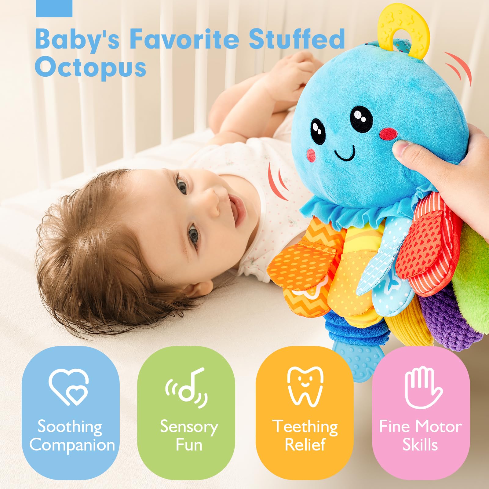 Juguetes sensoriales para bebés de 3 a 6 meses, 15 en 1, juguete suave para el tiempo boca abajo, con espejo de sonajero arrugado para bebés, juguetes colgantes para asiento de automóvil 2