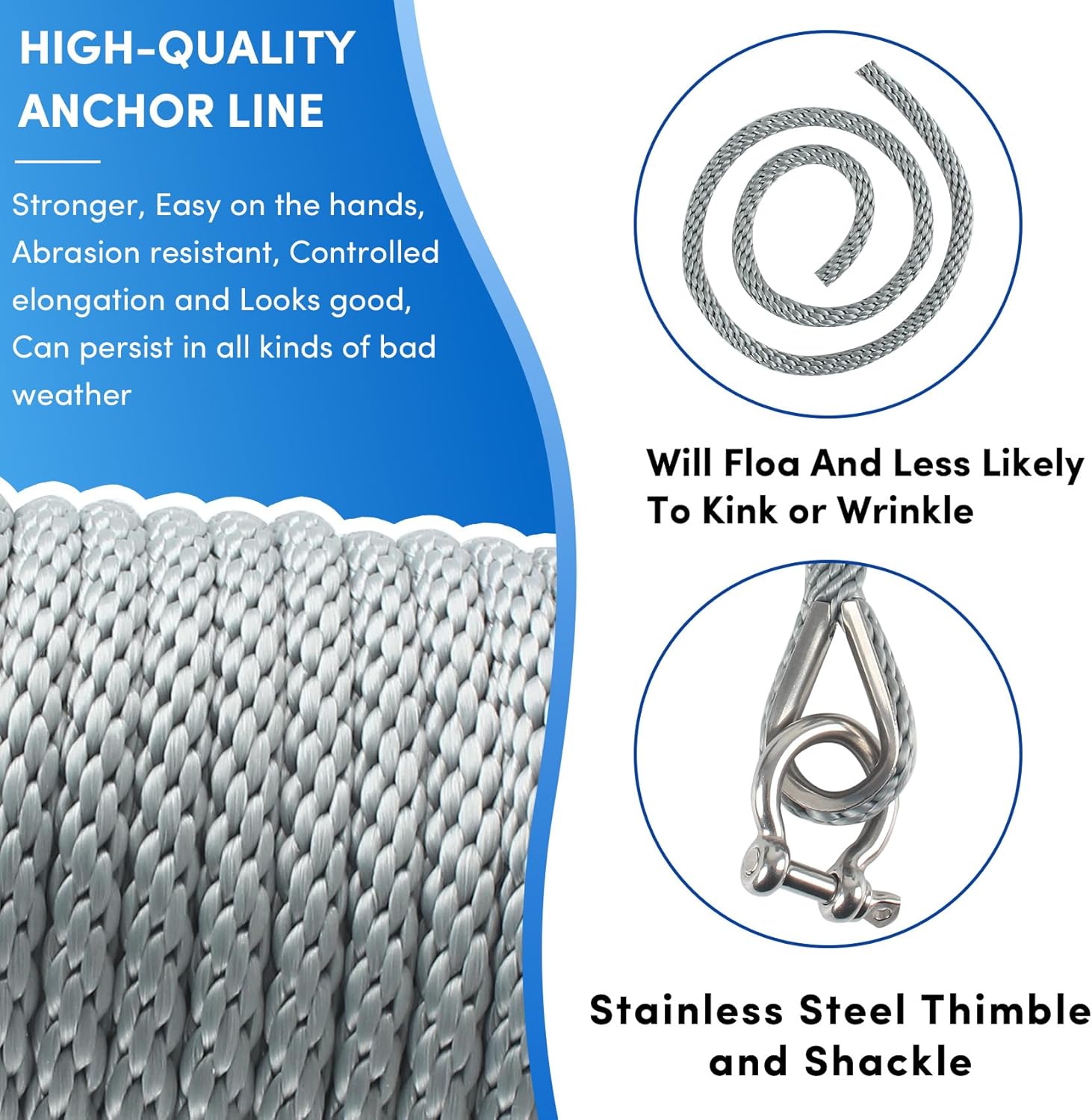 Premium Anchor Rope 100 ft x 1/2 inch, Solid Braid MFP Anchor Line Boat Rope with Thimble & Shackle - Grey