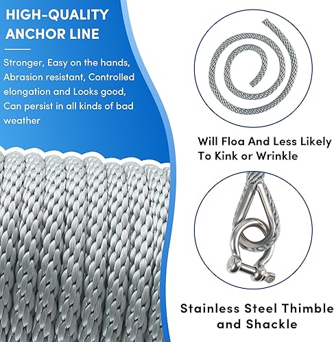 Vista 188 de Cuerda de anclaje premium de 100 pies x 3/8 pulgadas, cuerda marina de línea de anclaje MFP trenzada sólida con dedal y grillete, color negro