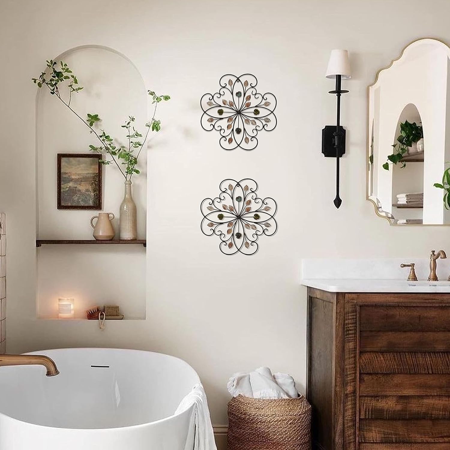 Remenna Metal Wall Art- Flower & Butterfly Wall Decor Modern Farmhouse Decoration Rustic Wall Decor for Bedroom Bathroom Living room Outdoor Garden Set of 2