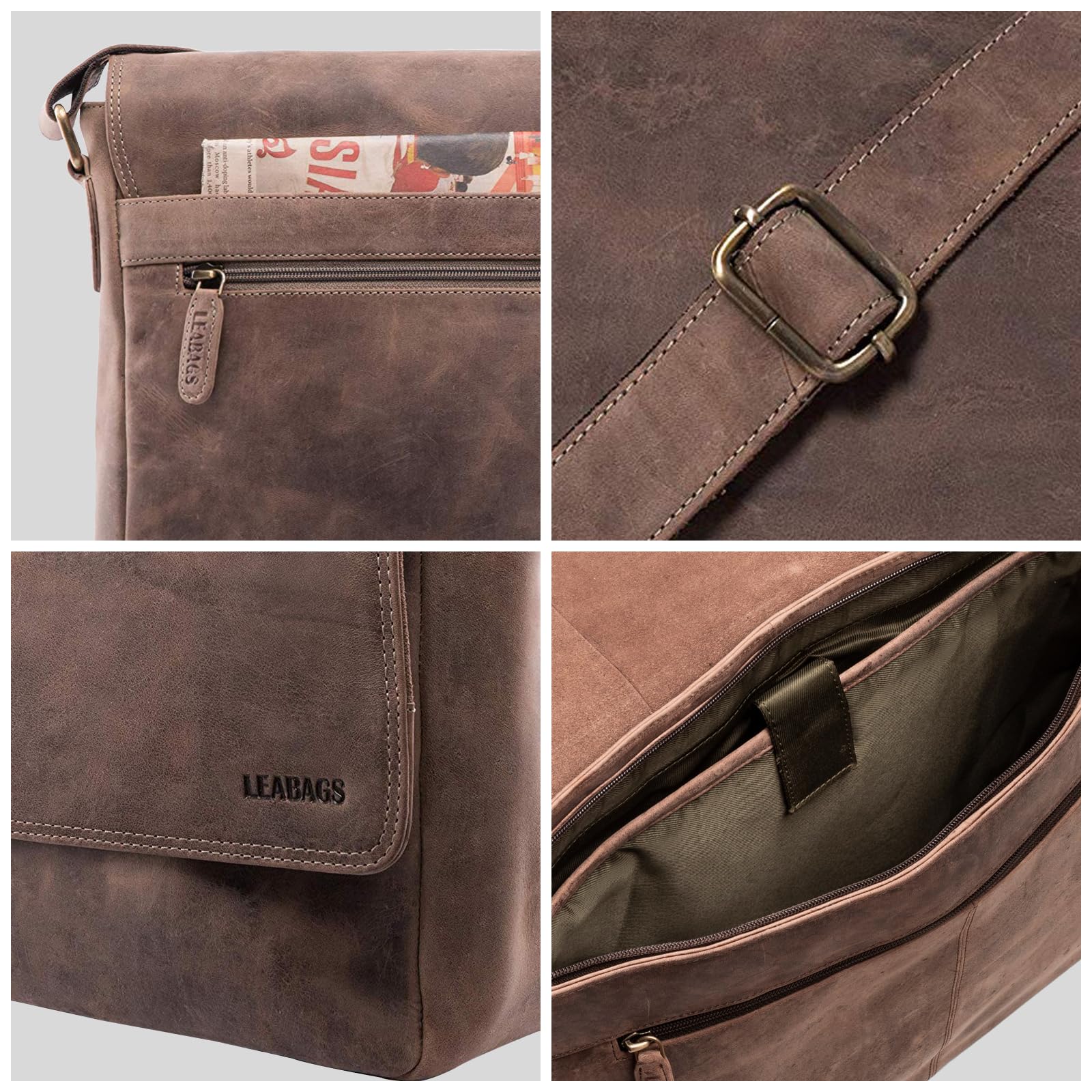 LEABAGS Messenger Bag, Acapulco Echtleder Aktentasche Herren & Damen, Leder Laptoptasche bis 15 Zoll, Umhängetasche mit Schultergurt 39 x 30 x 11 cm