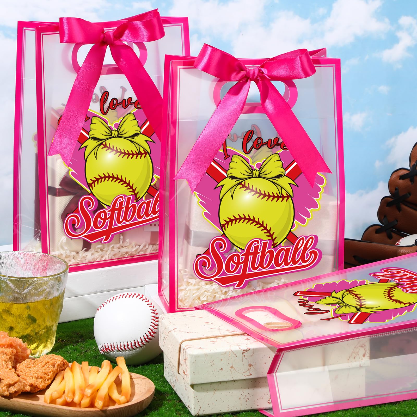 Aliceset 12 Pcs Softball Clear Goodie Bag with Die Cut Handles and Ribbons Sport Theme Party Favor Bags for Softball Team Snack Wrapping Teamer Gifts Birthday Party Treats Supplies, 7x10x3.15 Inch