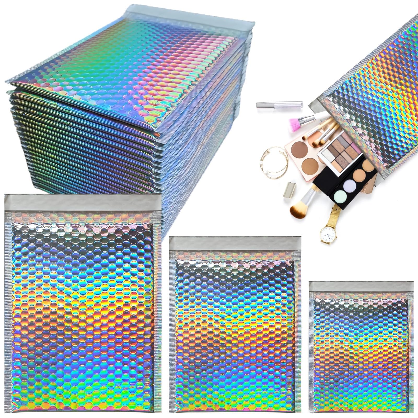 Set di 100 buste imbottite olografiche, include 20 buste da 25 x 20 cm, 30 pezzi da 15 x 20 cm, 50 buste metalliche autoadesive per piccole imprese