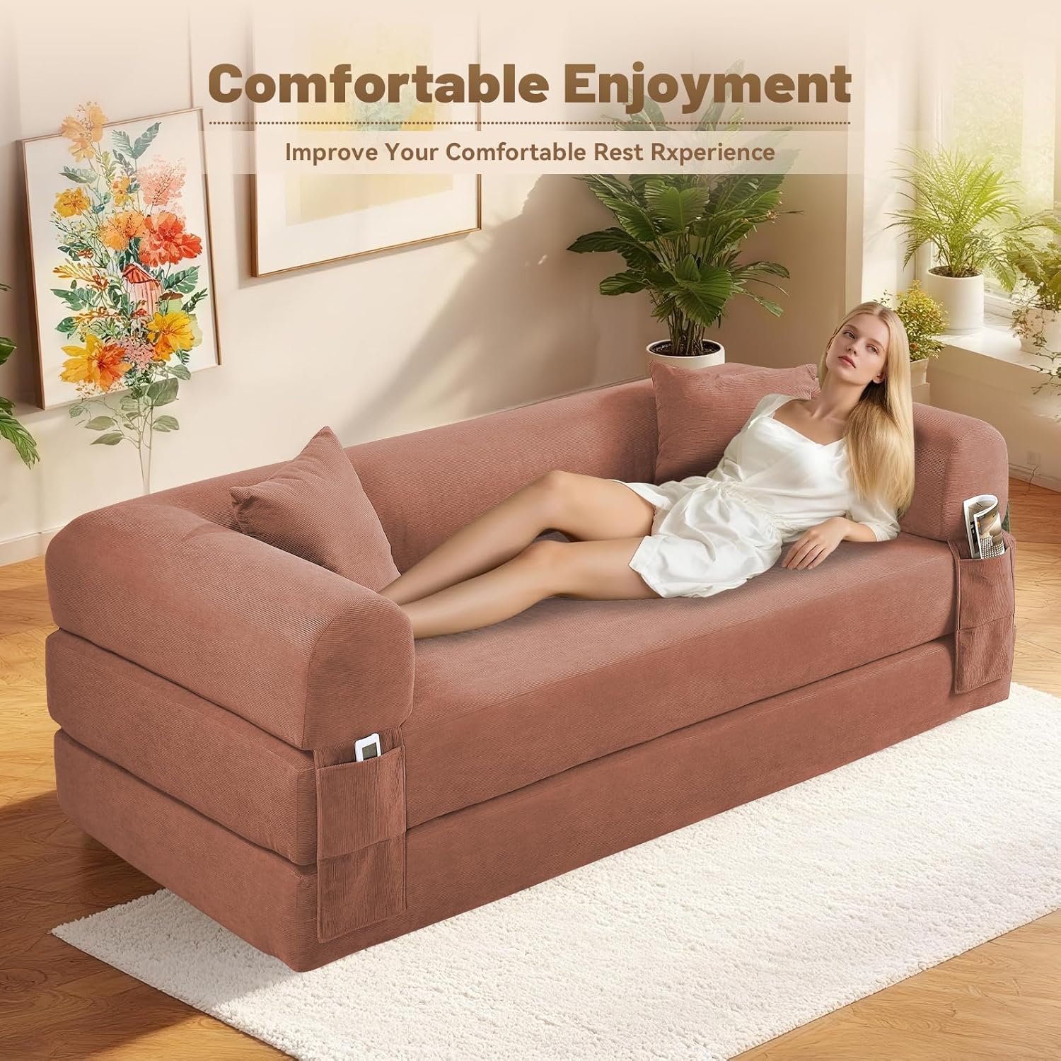 80 Inch Convertible Sofa Bed,Folding Pull Out Couch with Pillows & Storage Pocket,Corduroy Queen Sleeper Sofa in a Box,No Assembly Boneless Couch for Living Room,Pink