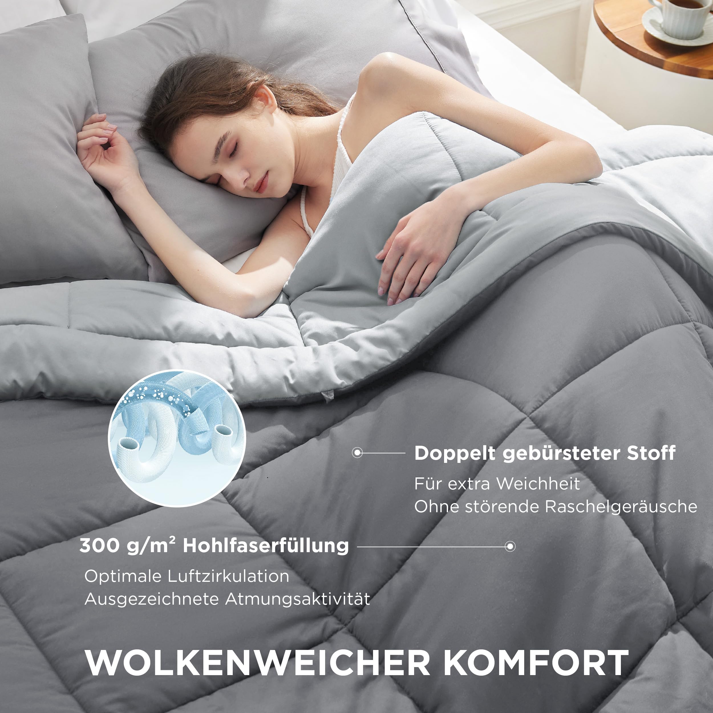 BEDSURE Bettdecke 135x200 Allergiker Ganzjahresdecke 300GSM Füllung Waschbare Duvet 4 Jahreszeiten Grau/Hellgrau