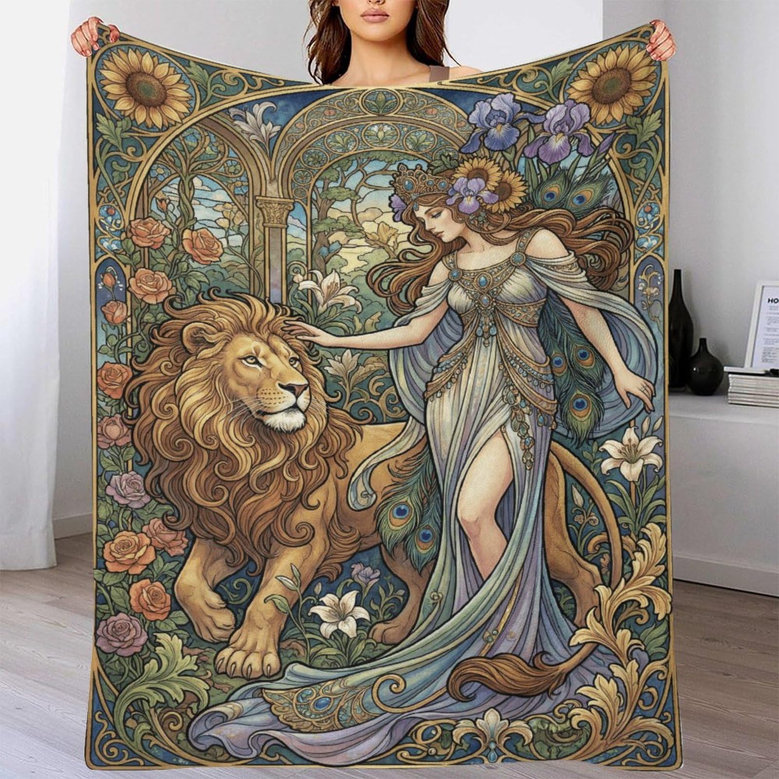 Art Nouveau Mucha Lion Flannel Throw Blanket, Bedroom Couch Travel
