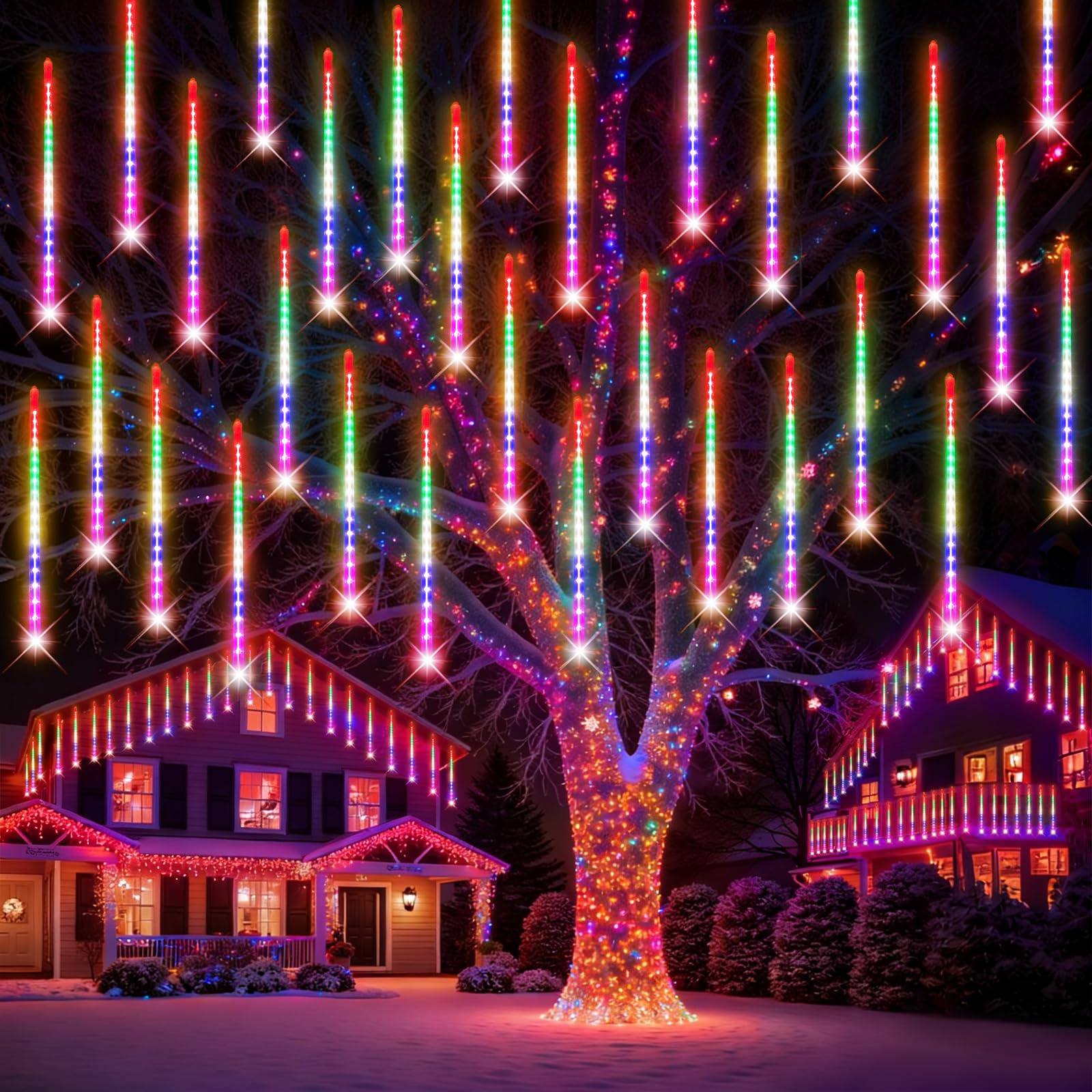 PEMOTech Christmas Lights Outdoor,24 Tubes 50cm 576 Led Meteor Shower Lights, Waterproof Christmas Decorations Icicle Lights for Xmas Tree Halloween Party,Multicolor,Ul Plug