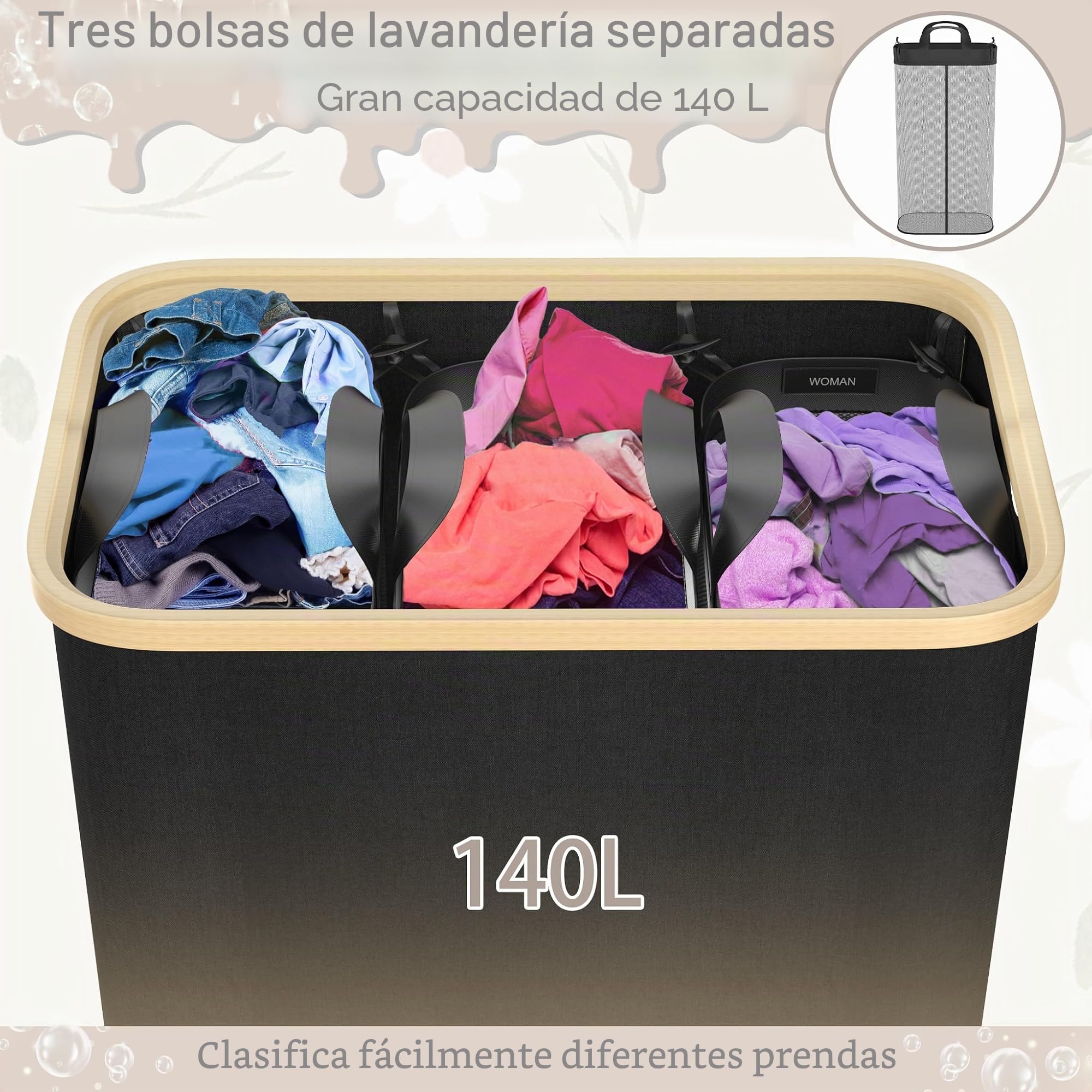UISEBRT Cesto para la colada con tapa, 3 compartimentos, bolsa de lavandería de 140 l, cesta para la colada estrecha, plegable, extra grande, de bambú, con tapa, color negro