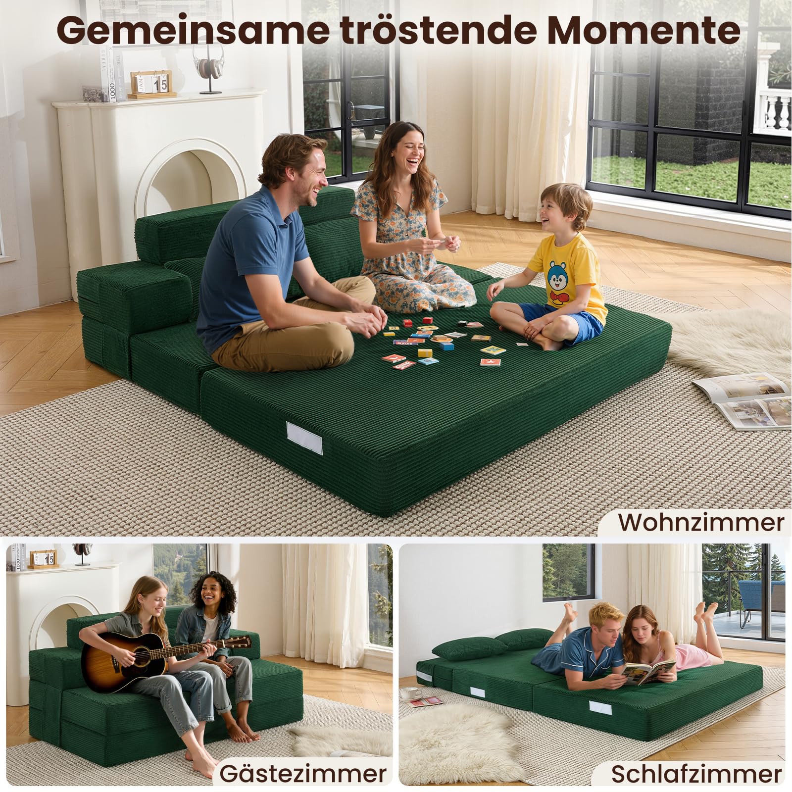 3-in-1 Schlafsofa 150 x 200 cm – Schlafsessel mit Bettfunktion, klappbares Bettsofa, Faltbare Schlafcouch mit integrierten Rückenkissen & separatem Kissen, waschbarer Bezug, Dunkelgrün