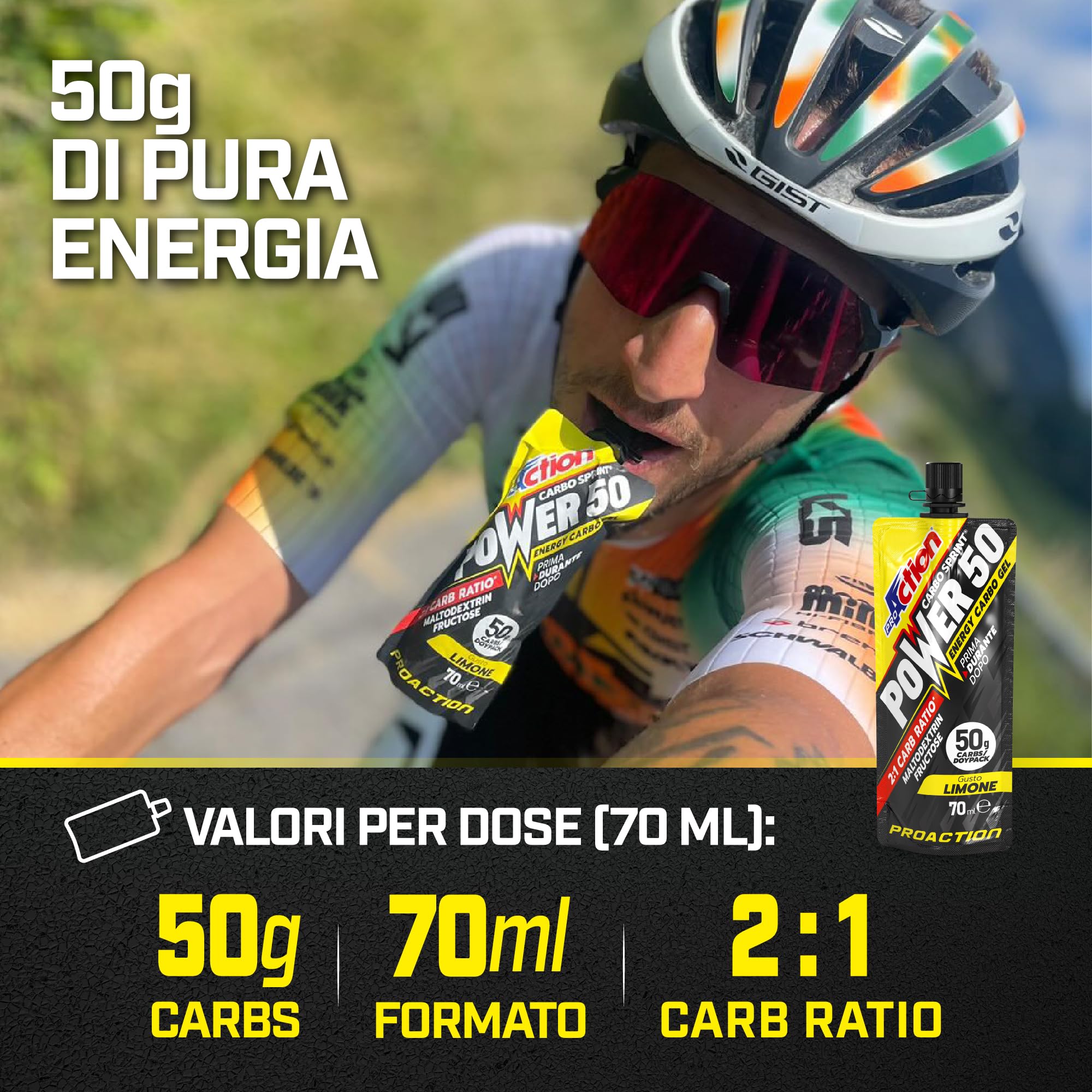 ProAction Carbo Sprint Power 50 Carbo Gel 50g | Gel Carboidrati 2:1 con Maltodestrine e Ciclodestrine Altamente Ramificate per Ciclismo Endurance | 70 ml per Stick | Box da 32 pz
