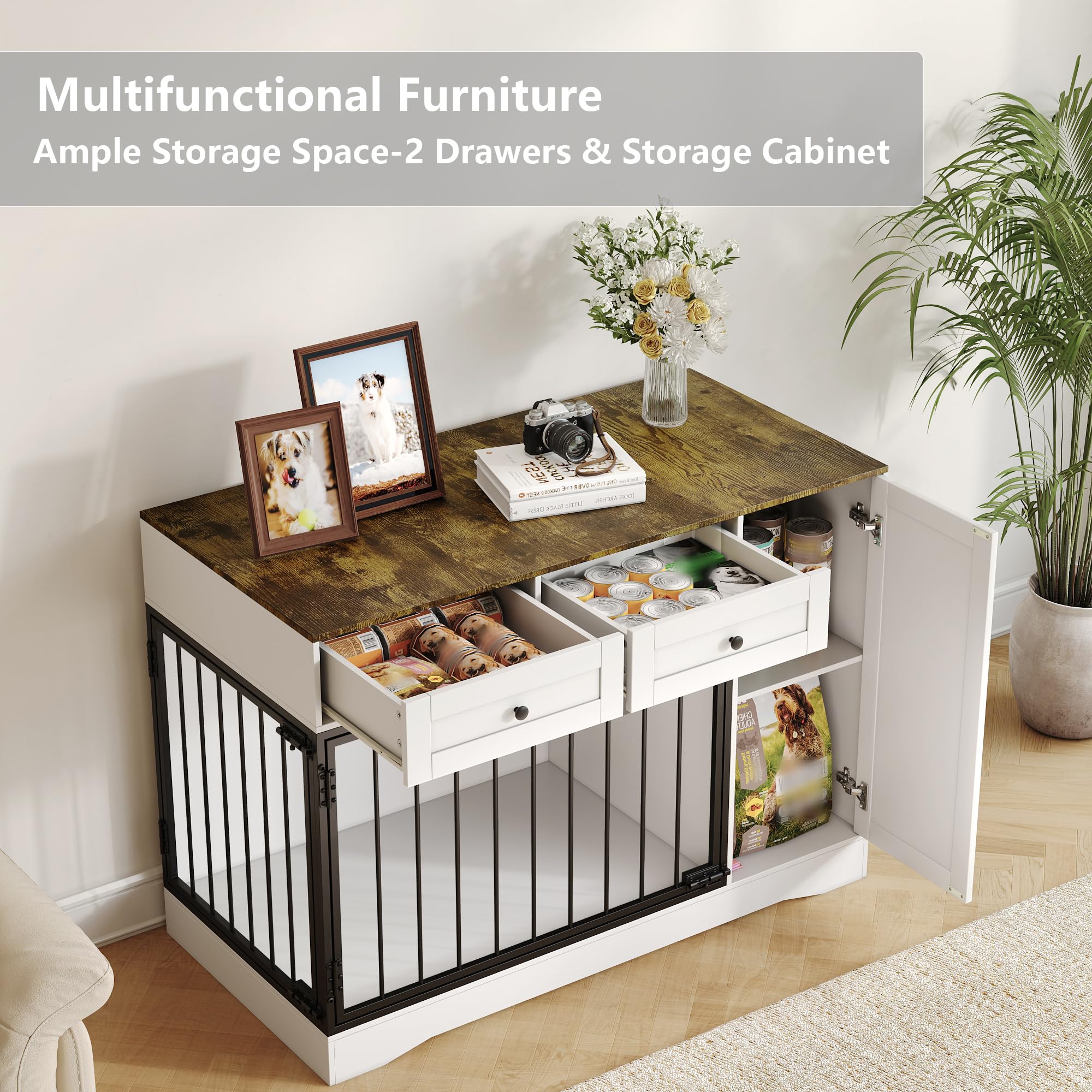 Hundekäfig Möbel, Hundebox 120 x 60 x 86cm für Zuhause mit 2 Türen, 2 Schubladen & Stauraum, Moderne Hundebox Holz, Beistelltisch, für Kleine und Mittelgroße Hunde, Hundekäfig Indoor, Weiß