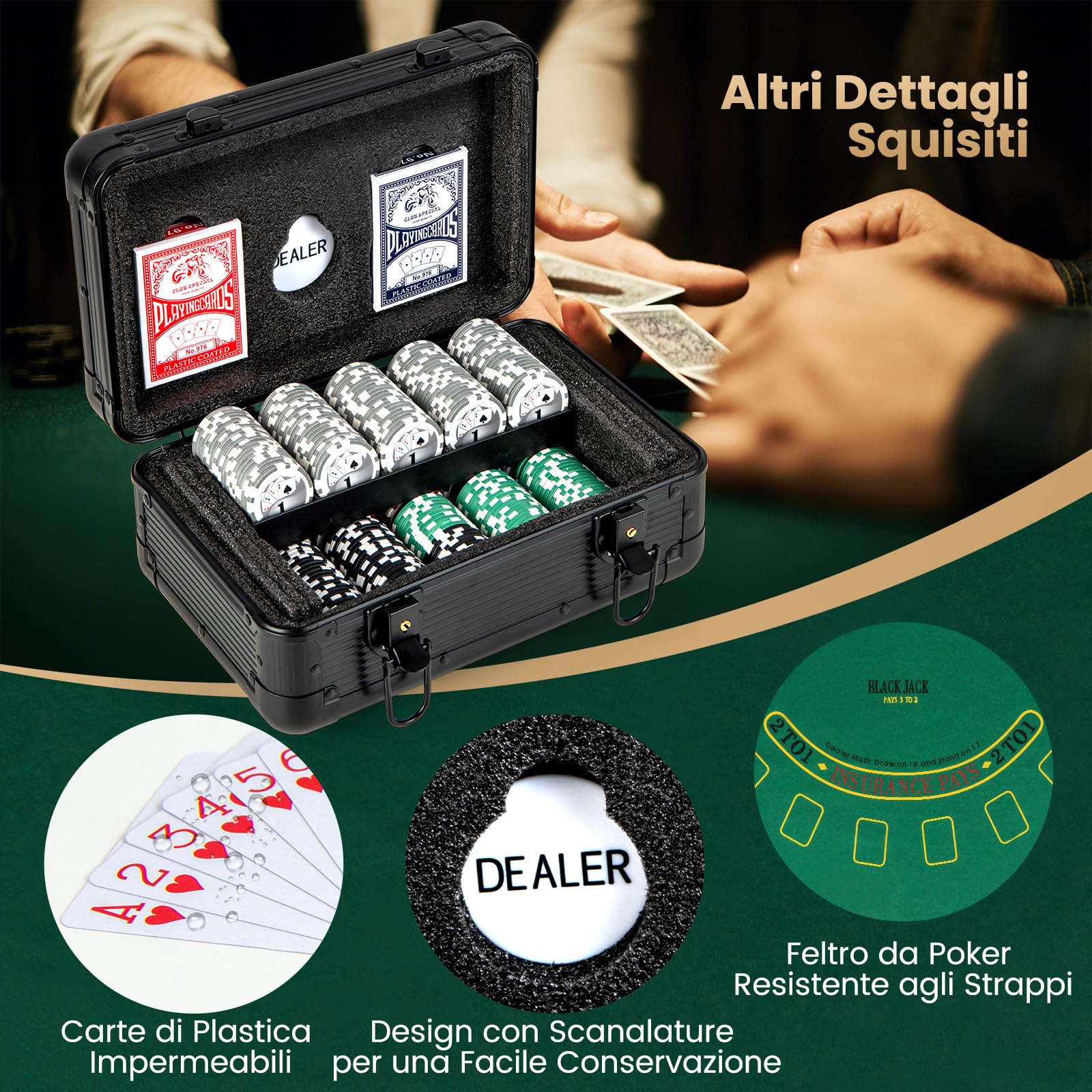 COSTWAY Set da Poker Completo con 300 Finches e 2 Mazzi di Poker, Valigetta in Alluminio a 2 Chiavi con Tappetino e Bottone Dealer, Fish Poker per Texas Holdem e Blackjack