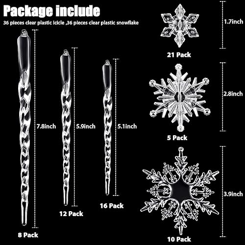 Miniatura 3 de Chuangdi 72 adornos de carámbano de copo de nieve para árbol de Navidad, carámbanos con purpurina retorcida, decoración de gota de acrílico para