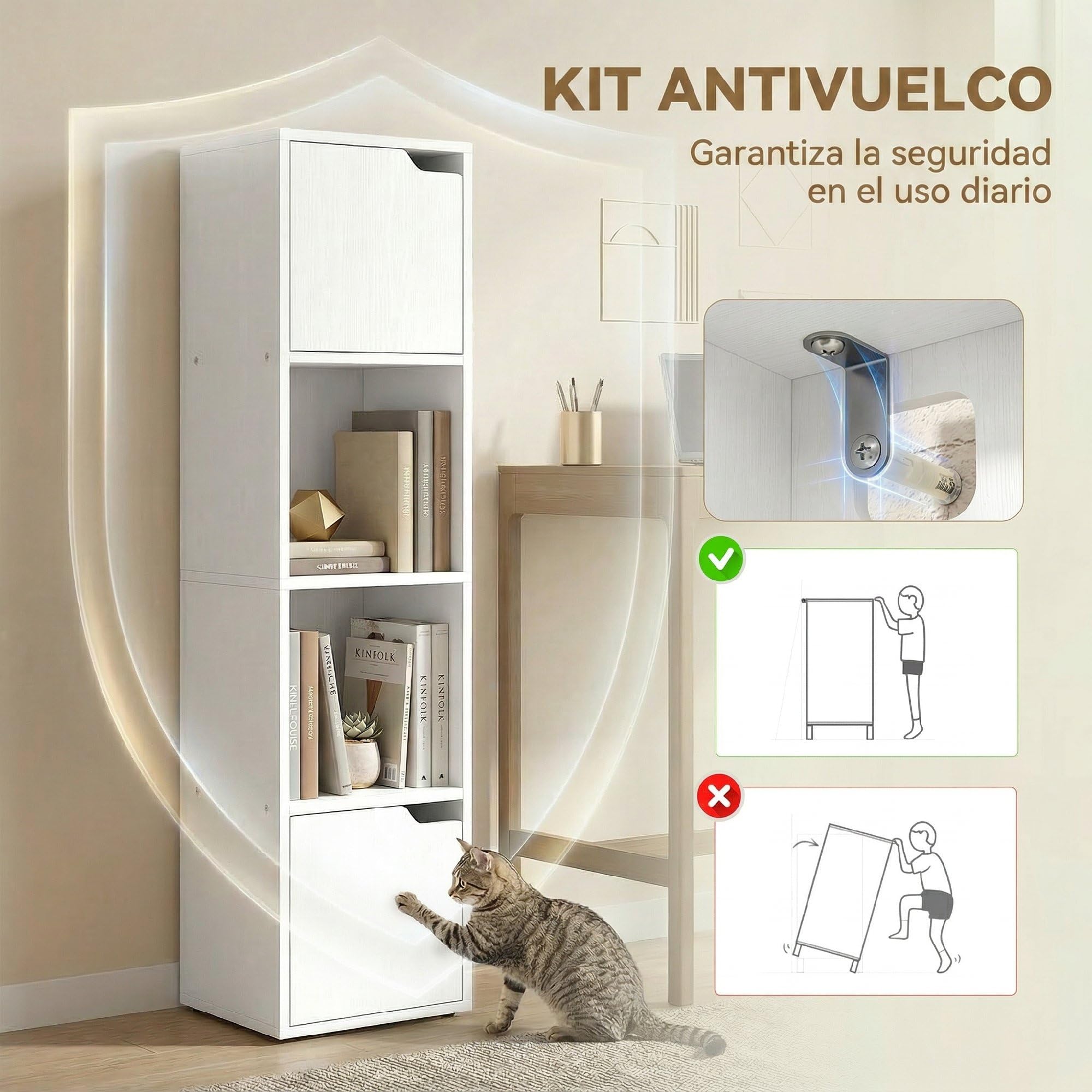 HOMCOM Estantería para Libros con 2 Puertas 4 Niveles 30x29x119 cm Blanco | Estantería Estrecha y Alta, Librería, 2 Estantes Abiertos, Armario Alto, para Salón Estudio Oficina