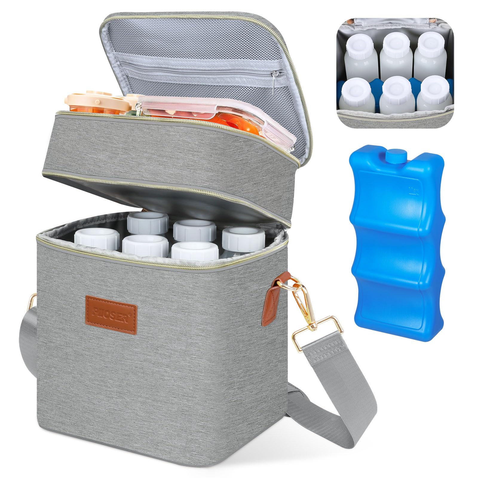 PIIOSER Breastmilk Cooler Bag with Ice Pack Fits 6 Baby Bottles Up to 9 Ounce, Insulated Baby Bottle Tote Bags, Double Layer Waterproof Leak-Proof