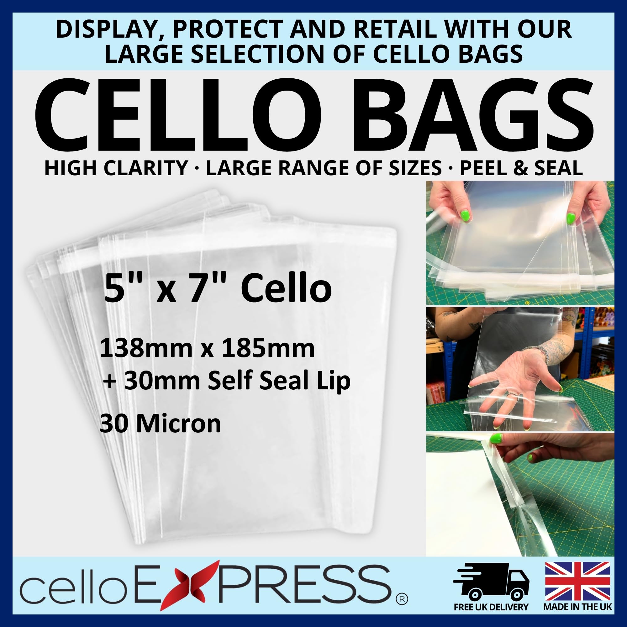 Packung zu 500 Stück - 5 X 7 Cello - Zellophan Beutel Display selbst Dichtung 30- Mikron - 138mm x 185mm + 30-mm-Klappe