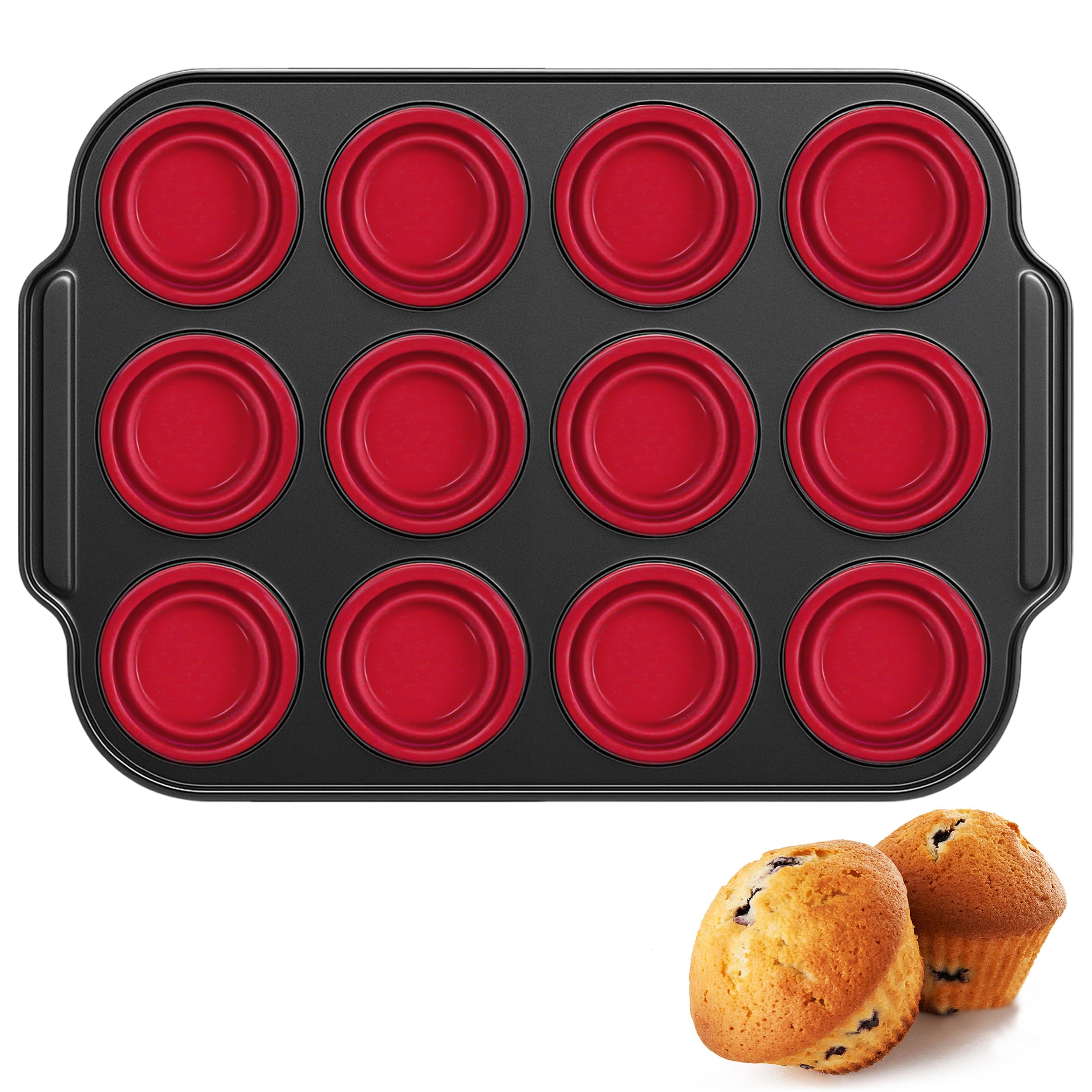 2024 Silikon-Muffinform, roter Metallrahmen, Muffinform, Eierbissen, Cupcake-Form, ofen- und spülmaschinenfest, Mini-Muffinformen zum Backen, antihaftbeschichtet, 12 Stück