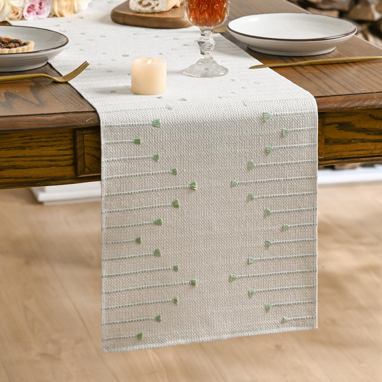 Artoid Mode Boho Sage Green Tassel Table Runner 30x183 cm, Linen Rustic Farmhouse Kitchen Dinning Table Decoration Holiday Wedding Party Decor