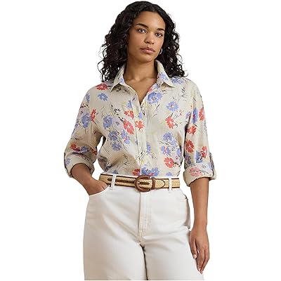 Lauren Ralph Lauren Plus Size Relaxed Fit Floral Linen Shirt cream multi
