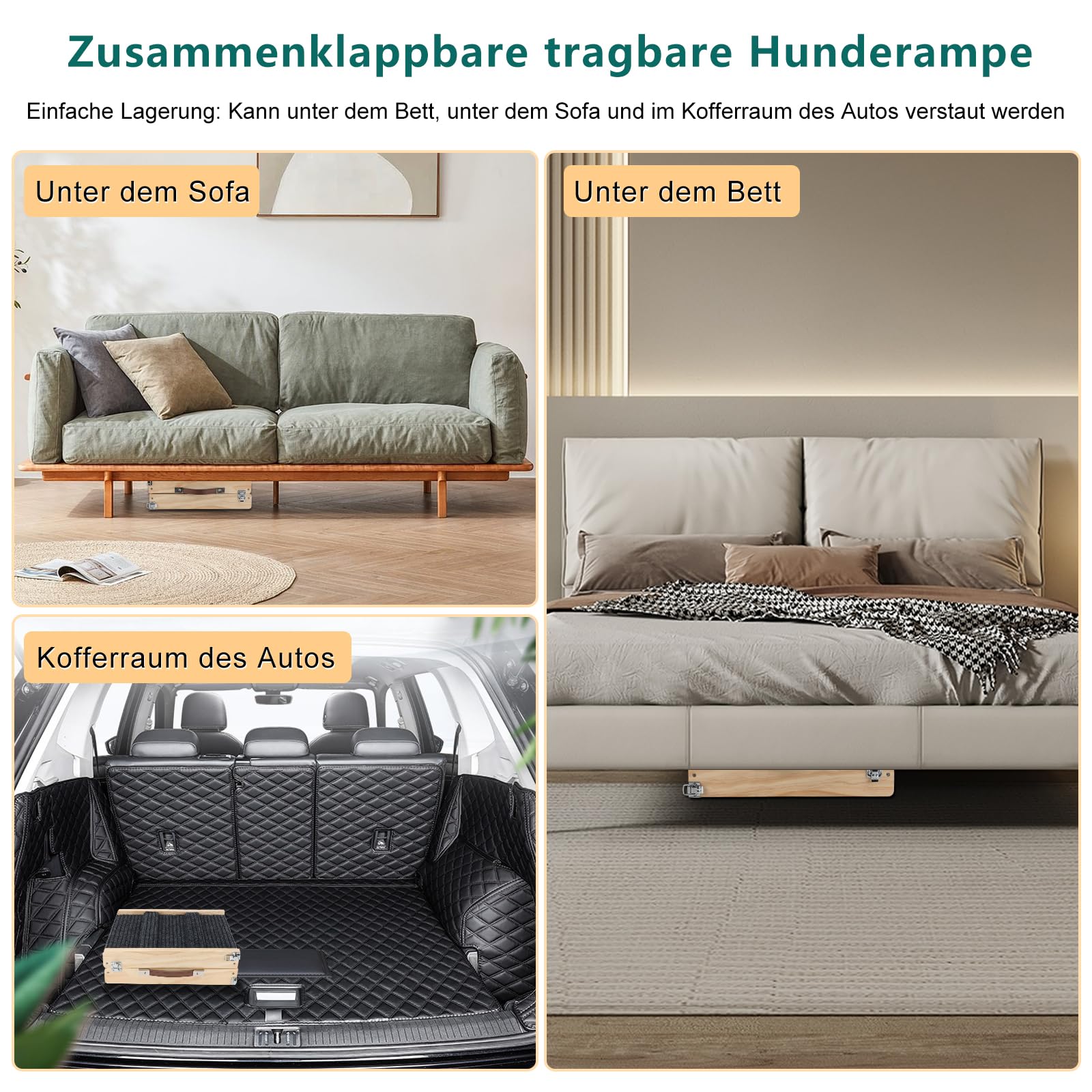 Rampa per cani di piccola taglia e anziani, rampa per cani, 4 altezze regolabili da 25 cm a 48 cm, con tappetino antiscivolo, in legno, pieghevole, per letto o divano
