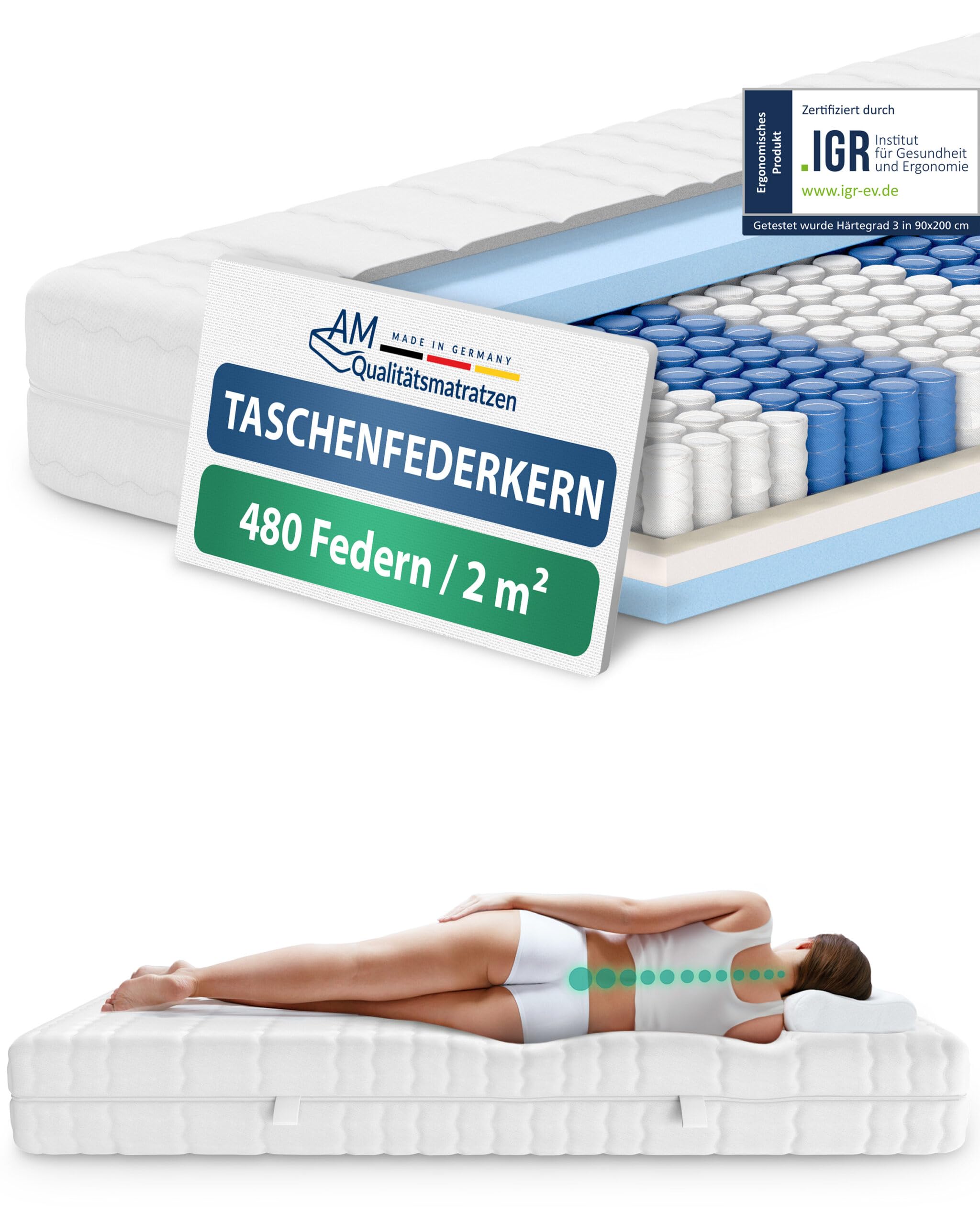 AM Qualitätsmatratzen Colchón muelles ensacados 150x190 cm - firmeza Media & 20 cm - Colchón 150x190 muelles ensacados de 7 Zonas - Colchón 150x190 ergonómico con Funda Lavable - Certificado Oeko Tex