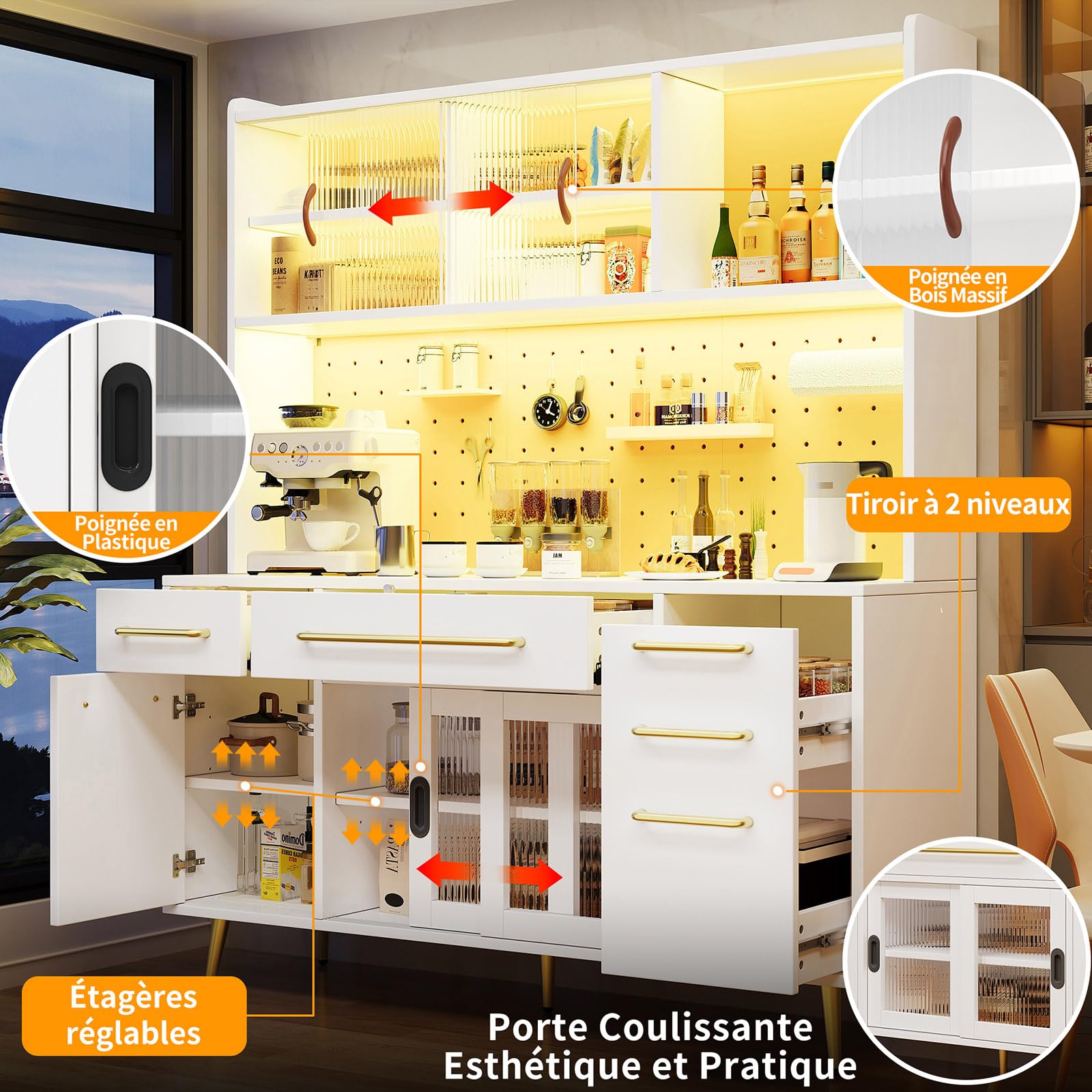 Yihomfy 180cm Meuble Cuisine-Garde Manger de Cuisine Arqué de Haut, Armoire de Rangement en Bois Style Ferme Moderne avec 3 Grands Tiroirs et Étagère Ouverte pour Cuisine