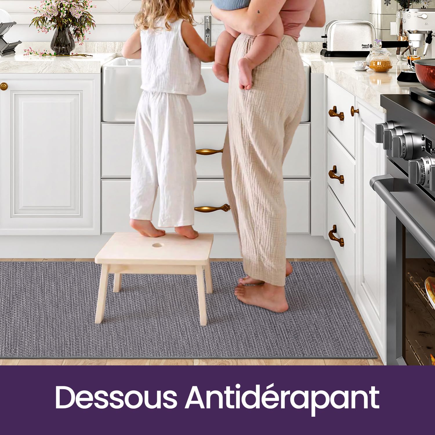 DEXI 2 Pièces Tapis Cuisine Antidérapant et Absorbant 43x75+200cm Gris | Absorbant Huile et Eau, Caoutchouc Antidérapant, Facile à Nettoyer, pour Cuisine et Devant l'Évier