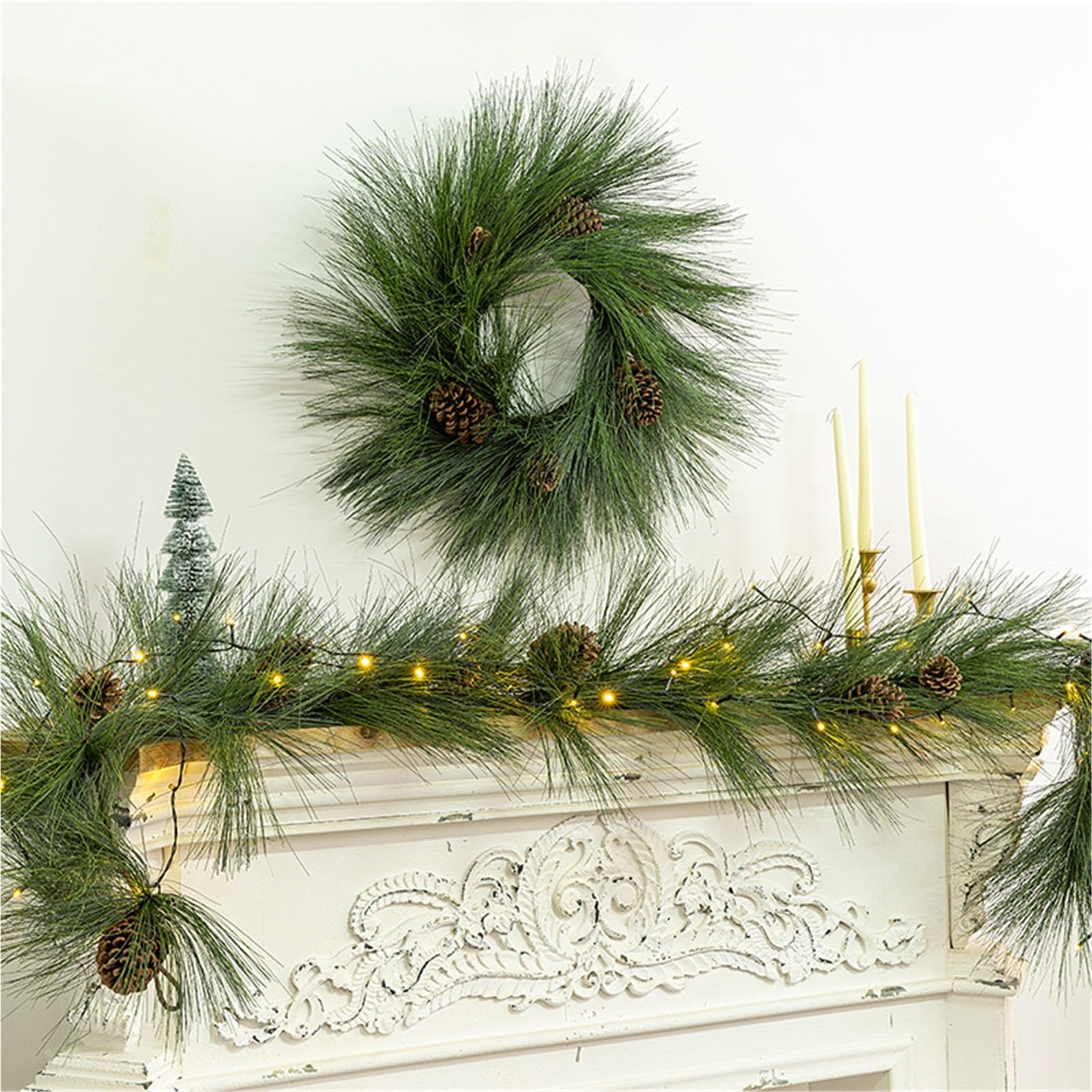 Corona de aguja de pino de Navidad para colgar en la pared de la puerta delantera, decoración del hogar, decoración de granja (muerte)
