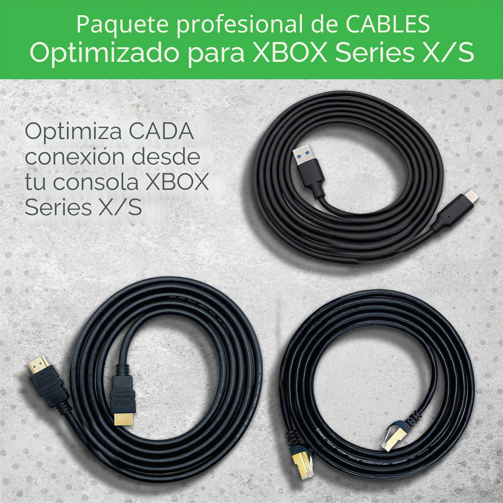 BrightOn Paquete de cable optimizado compatible con XBOX Series X/S | Cable negro 8K HDMI 2.1 HDR 8K @60Hz/4K @120Hz | Cable Ethernet CAT 7 de súper alta velocidad | Carga rápida (USB A a USB C)
