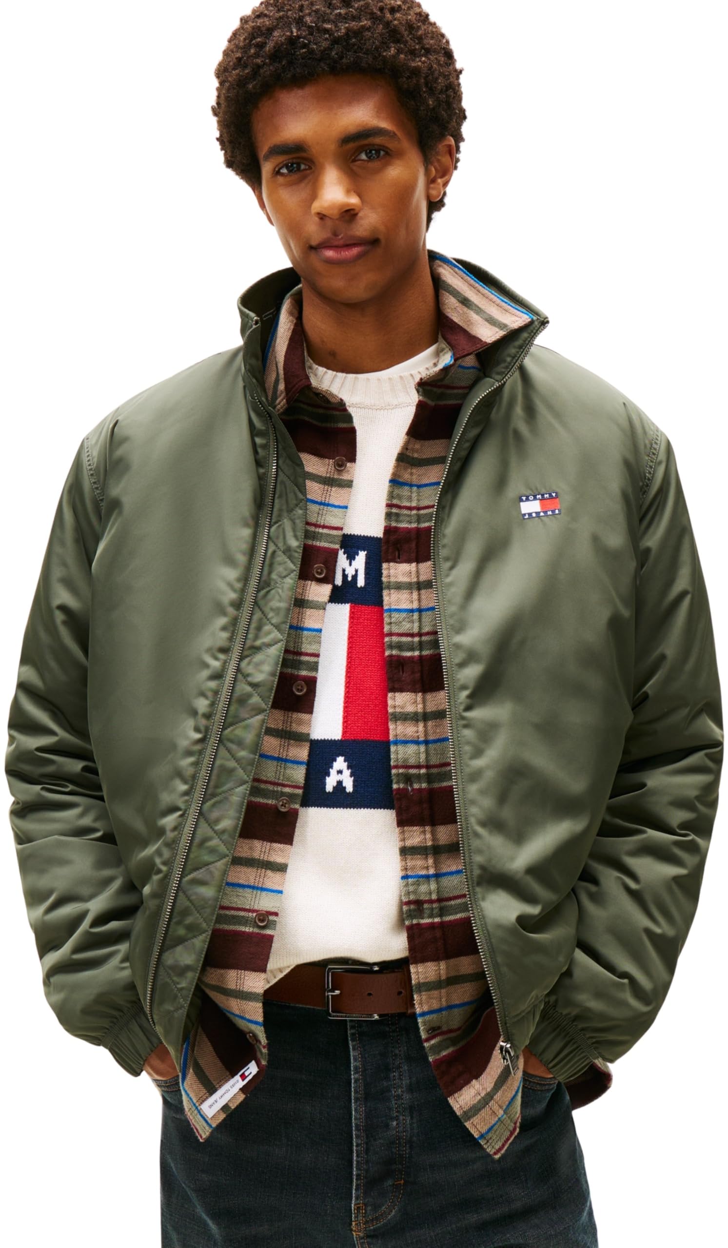 Tommy Jeans Men’s Essential Padded Transitional Jacket with Stand Collar, Green (Pewter Green), XXL