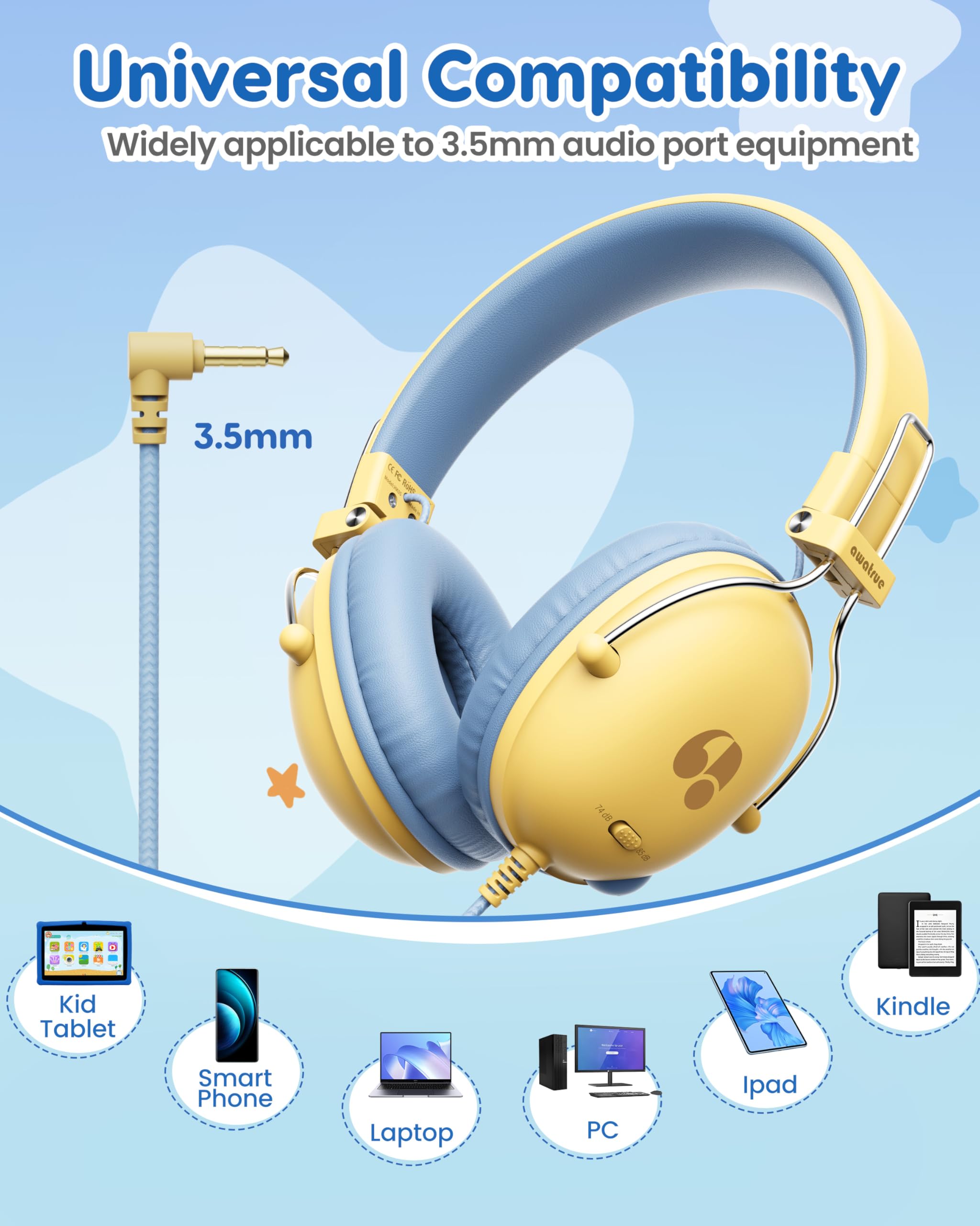 EarFun Kinderkoptelefoon met Kabel en Microfoon, Veilige Limiter 85/94 dB, 3,5 mm jack, Audio Sharing, Stereogeluid, Verstelbare Hoofdband, Opvouwbaar voor School, Reizen en Smartphones, Blauwcitroen