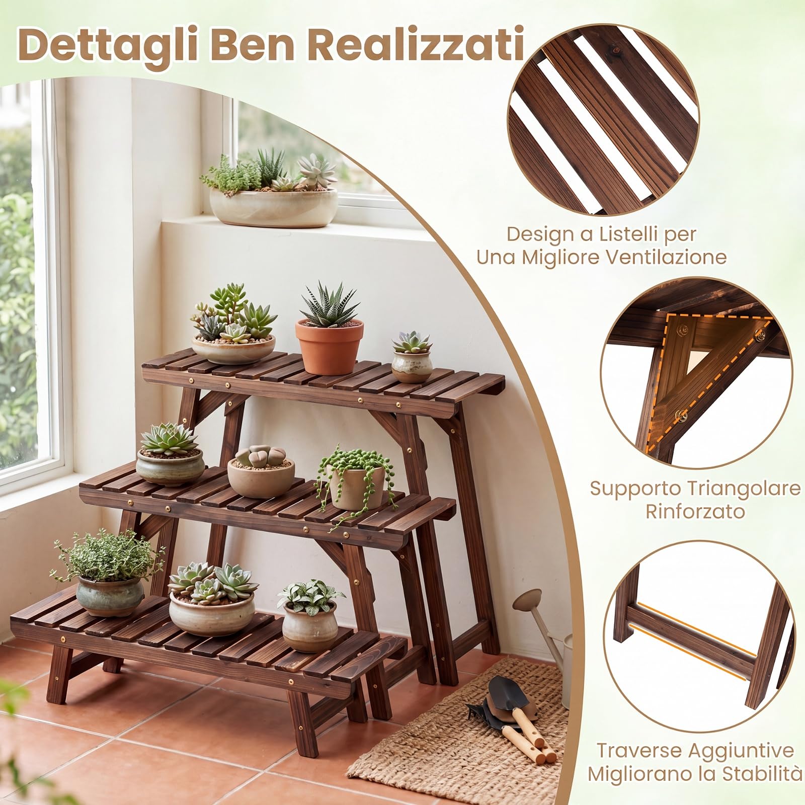 COSTWAY Porta Piante a 3 Livelli in Legno di Abete a Doghe | Scaffale Portavasi a Scala da Interno ed Esterno per Terrazza, Balcone e Giardino, Marrone