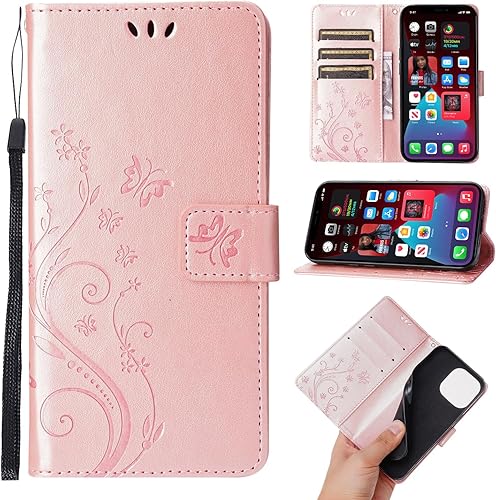 Funda con tapa compatible con iPhone 15 Pro Max, funda tipo cartera de piel sintética, funda de silicona con estampado floral de mariposa en