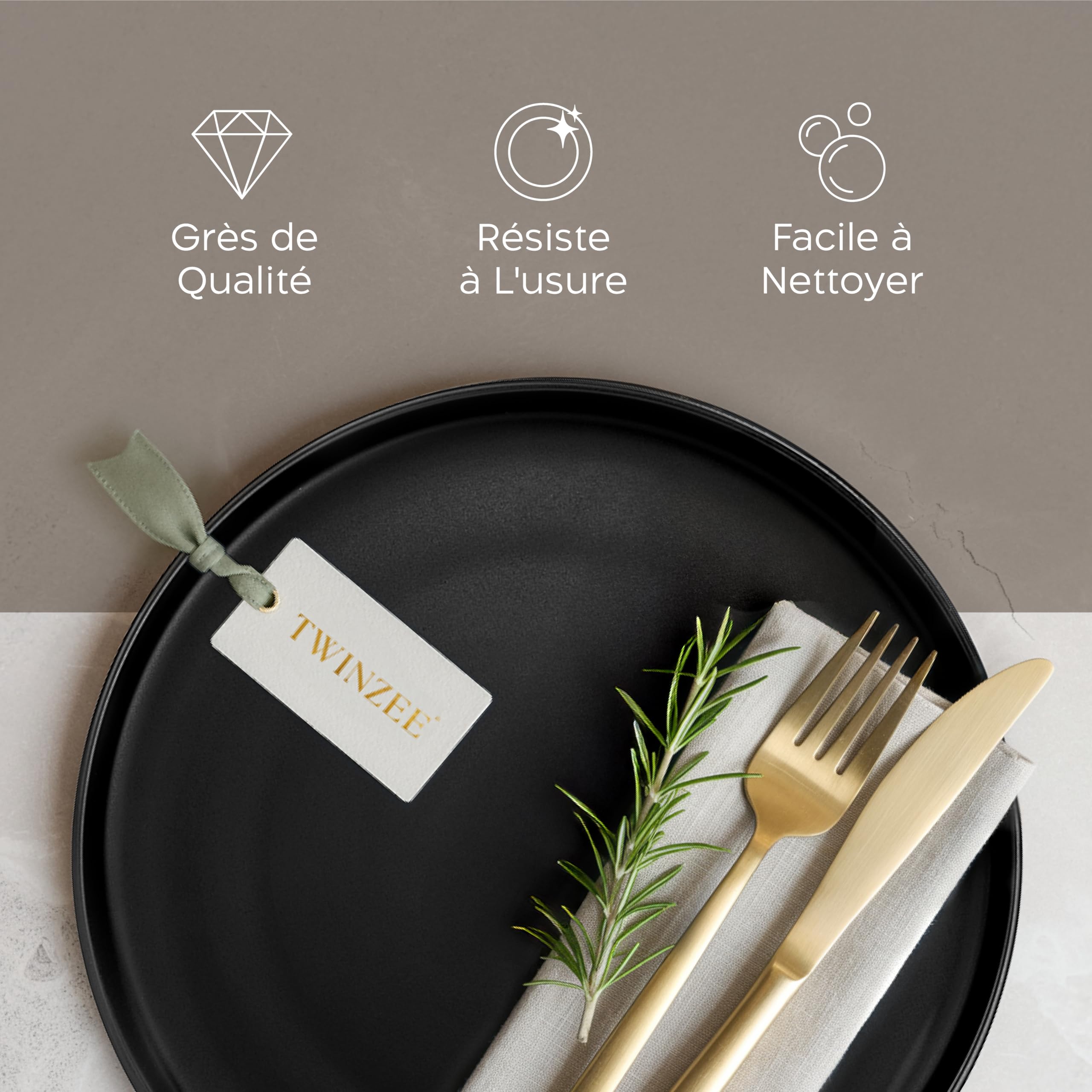 Twinzee - Set de Vaisselle Gres Noir, 24 Pièces - Assiettes Service de Table 6 Personnes - Adapté Micro-onde - Vaisselle et Arts de la Table - Collection Ebony