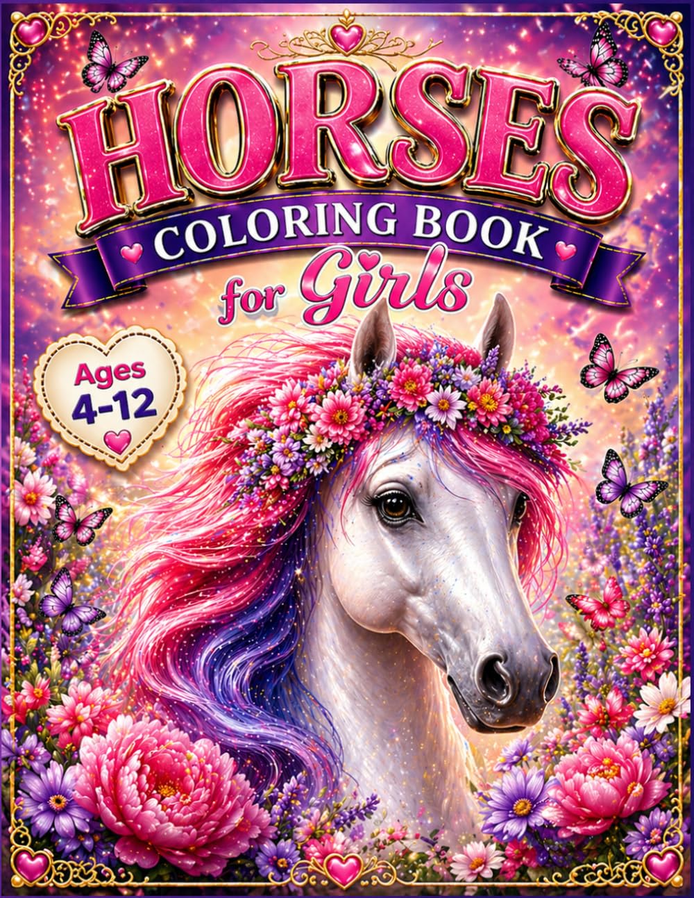 Horses Coloring Book for Girls Ages 4-12: 55+ Beautiful Horse Coloring Pages for Kids, Tweens & Horse Lovers | Fun, Relaxing and Creative Designs with Cute Ponies, Floral Horses & Magical Scenes