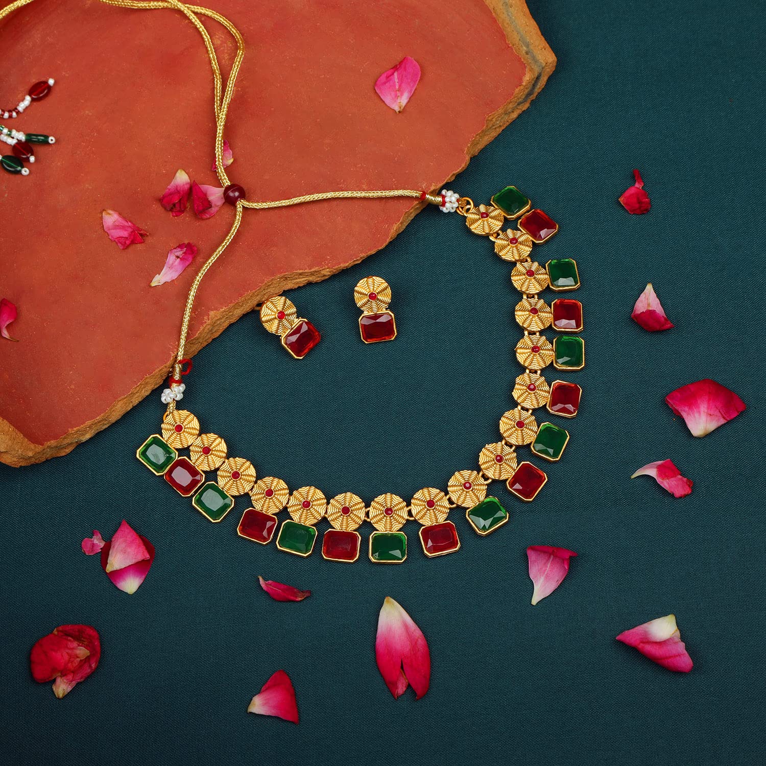 Plated Traditional Ruby & Green Stone Studded Necklace Set