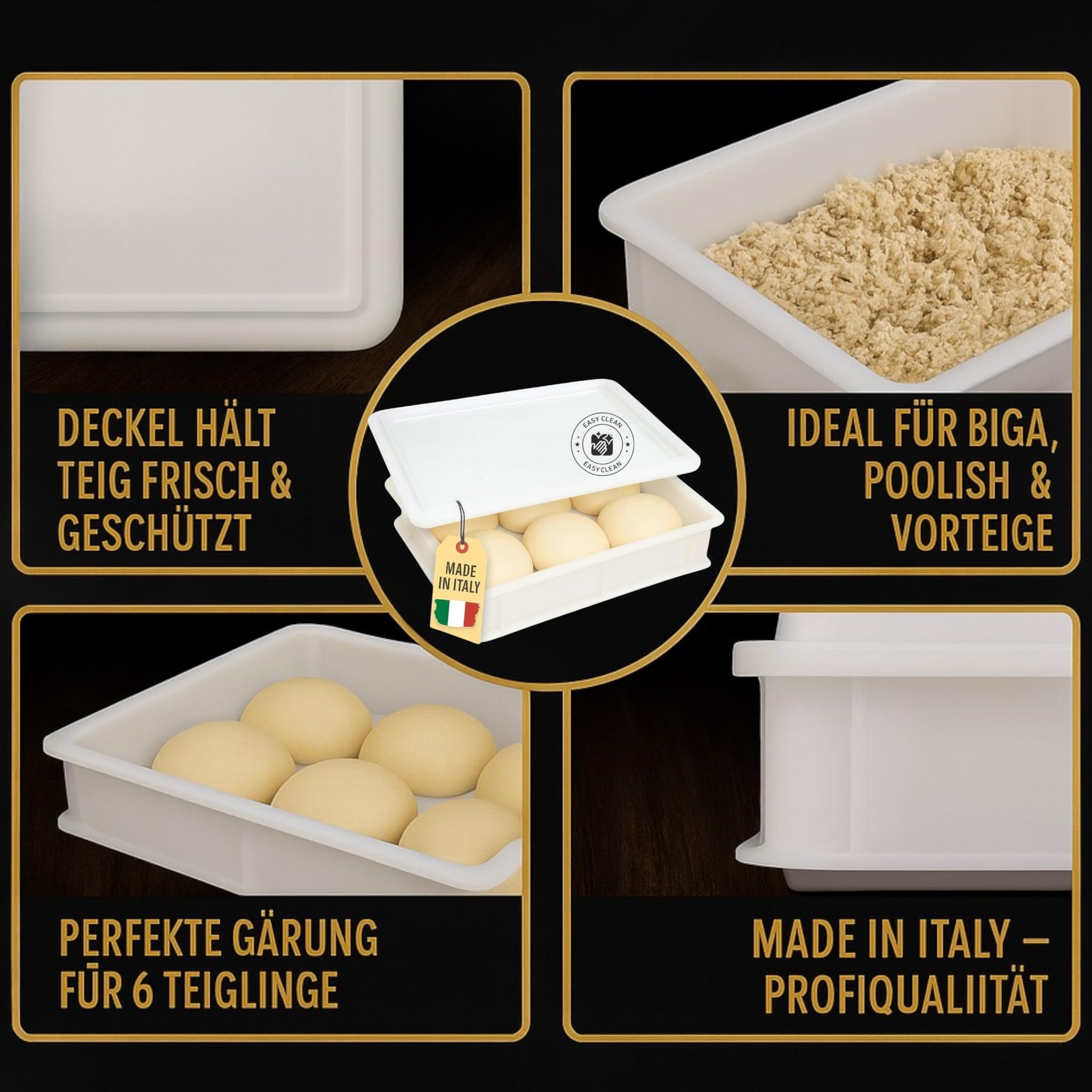Pizzaballenbox Starter-Kit – 4x La Farina 14, Semola & Trockenhefe – Inkl. 3er Teigschaber & Pizza Box mit Deckel – Praktisches Gärbox Set für Hobbybäcker & Pizzafans