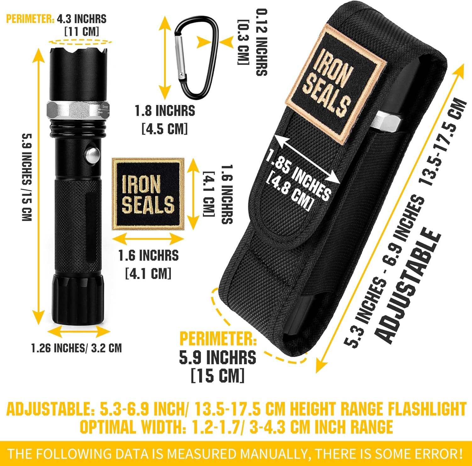 IronSeals Utility Holster Pouch for 5''-7'' Flashlight, Stretch Side Band, Belt Pouch Carrying Case