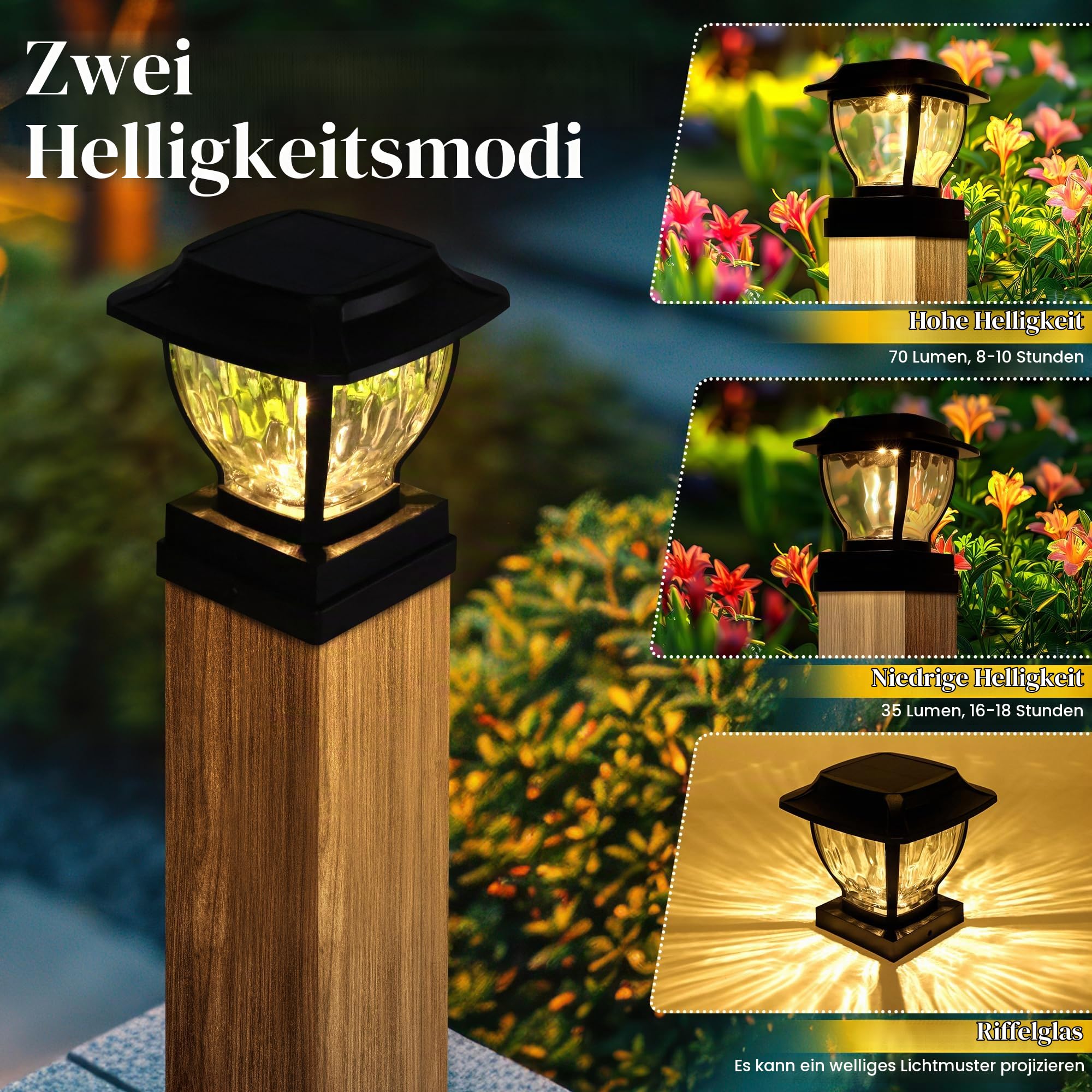 TOSHIN Solar Pfostenkappen Licht, LED Pfostenleuchte Außen, 2 Modi Solar-LED-Wegleuchten für den Außenbereich für Garten, Terrasse, Landschaft, Gehweg (4 Stück, Warmweiß)