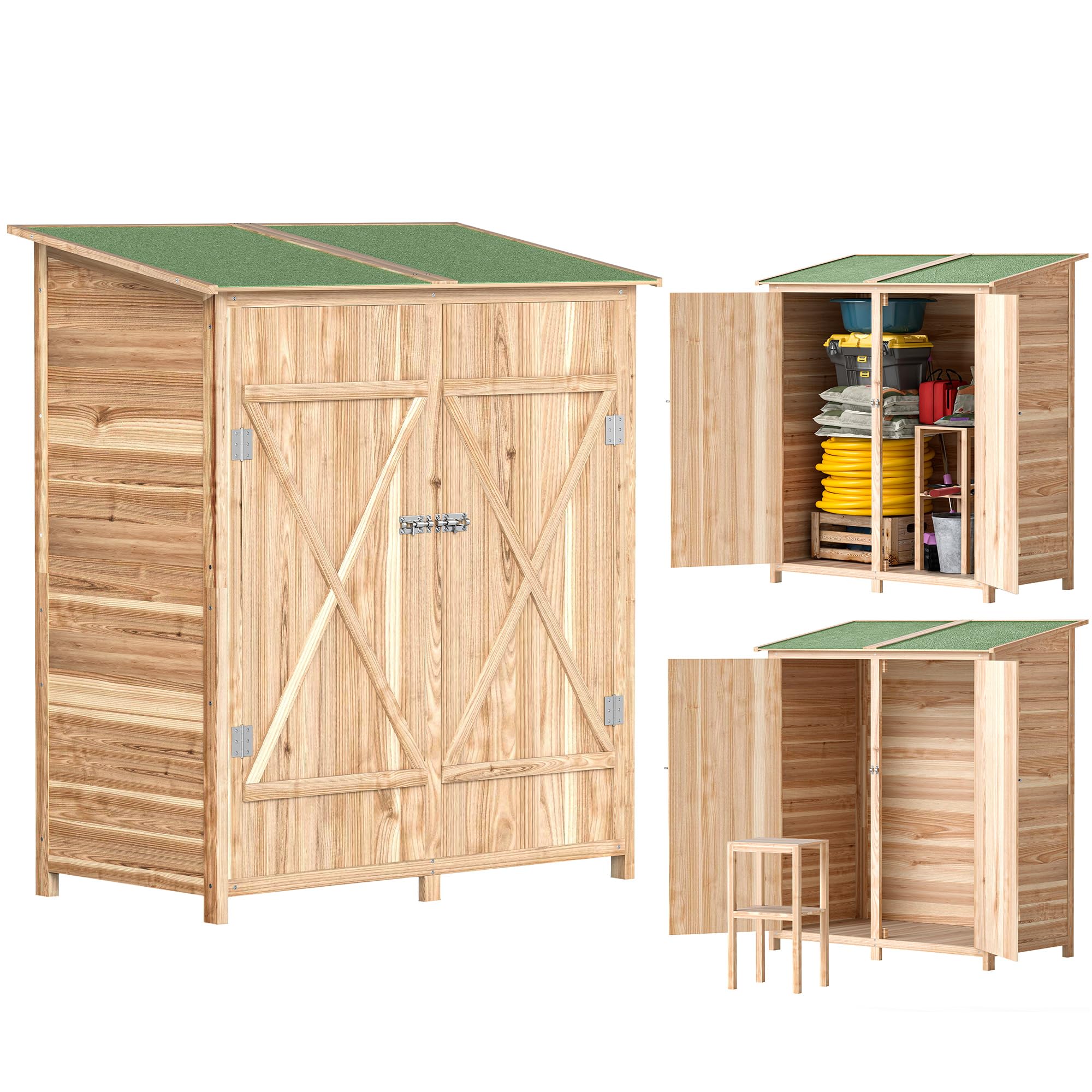 Outsunny Armoire de Jardin Cabane à Outils 2 Portes verrouillables Toit en Bitume imperméable Bois de Sapin 140x75x157 cm
