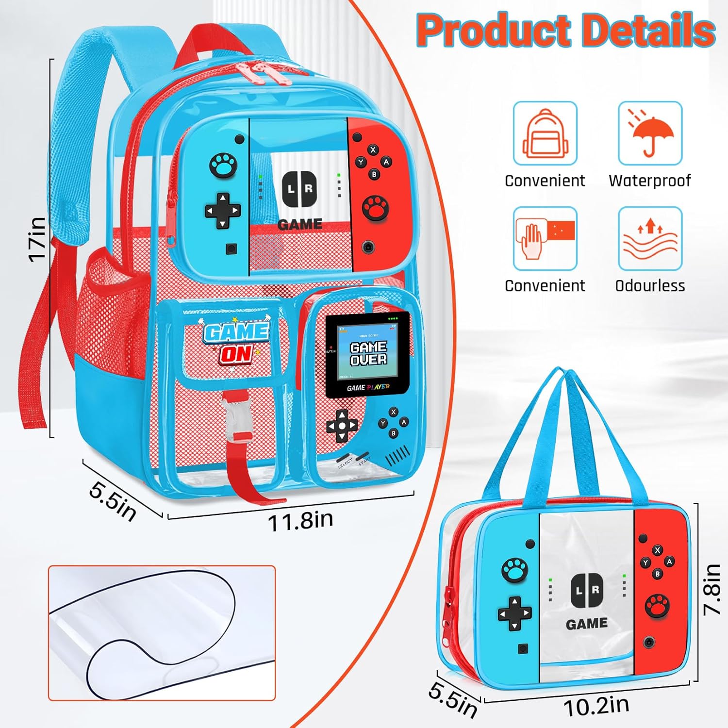 Large Clear Backpack for School - 3PCS Gamer Clear Backpacks for Boys with Lunch Bag and Pencil Case, Heavy Duty Transparent Bookbag for Kids, 17" See Through Bag for Stadium Events