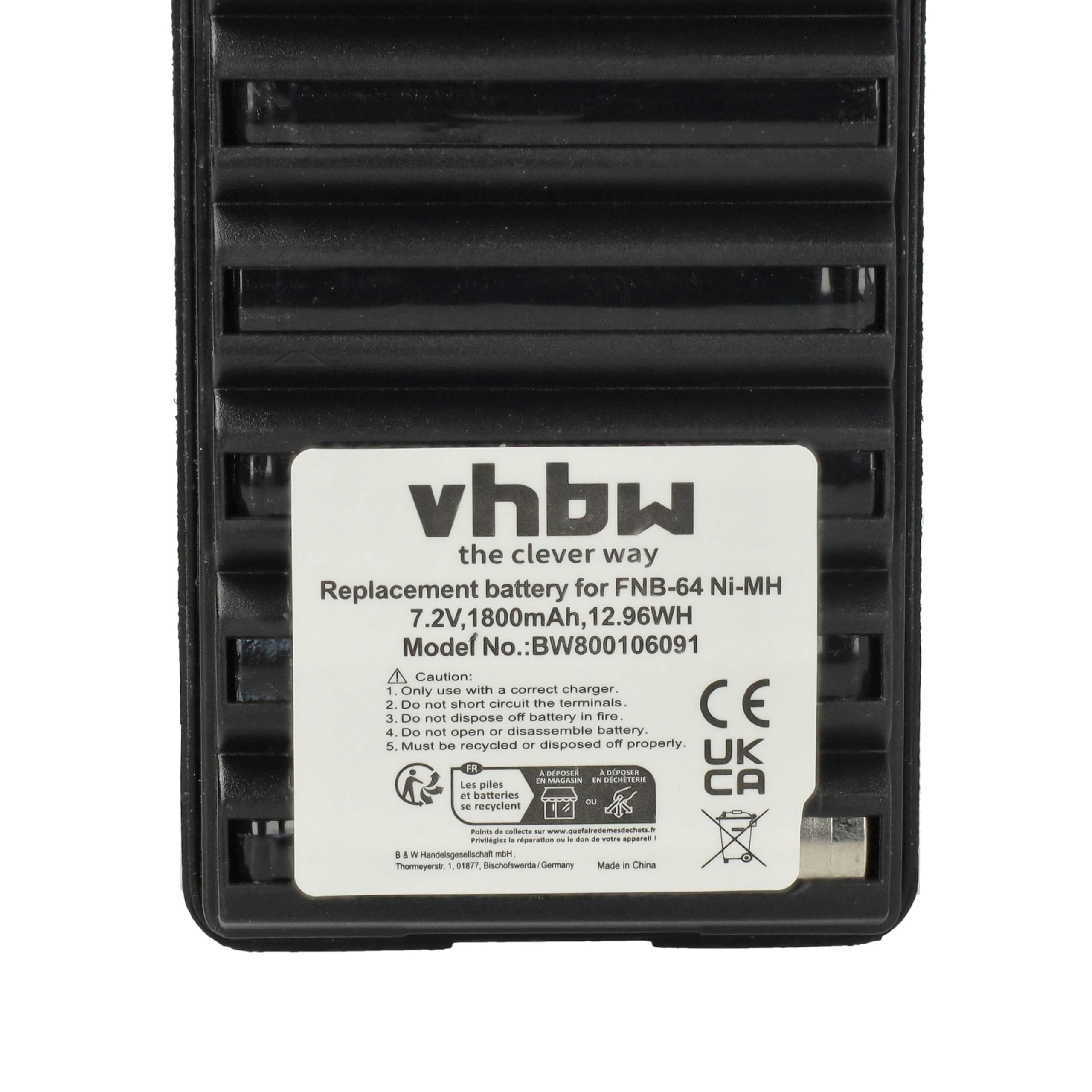 vhbw 5X batería reemplaza Yaesu/Vertex FNB-64H, FNB-57, FNB-64, FNB-83, AAJ66X001, FNB-83H para Radio (1800 mAh, 7,2 V, NiMH)