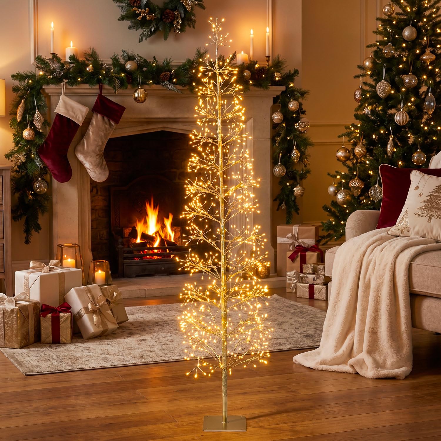 Albero di Natale Faggio Slim Luminoso 1080 LED Struttura Oro Altezza 180 cm