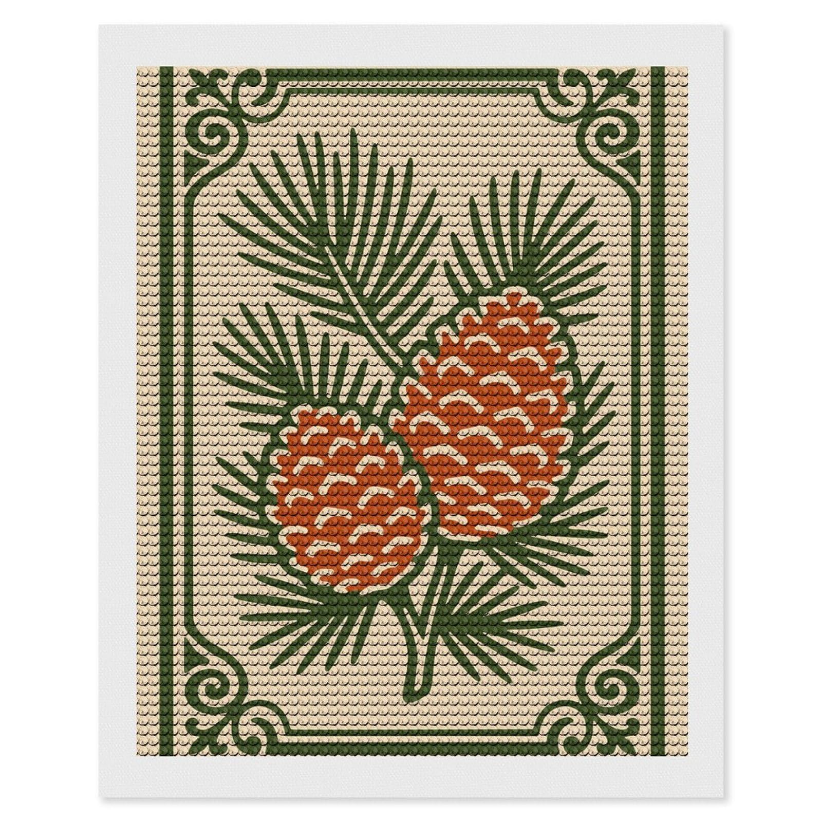 Junmoney Pine Cones Illustration with Decorative Border Diamond Painting Set 16"x20", Sparkling Round Gems, Decorate Your Room, Fun Craft Experience, Modern Decor