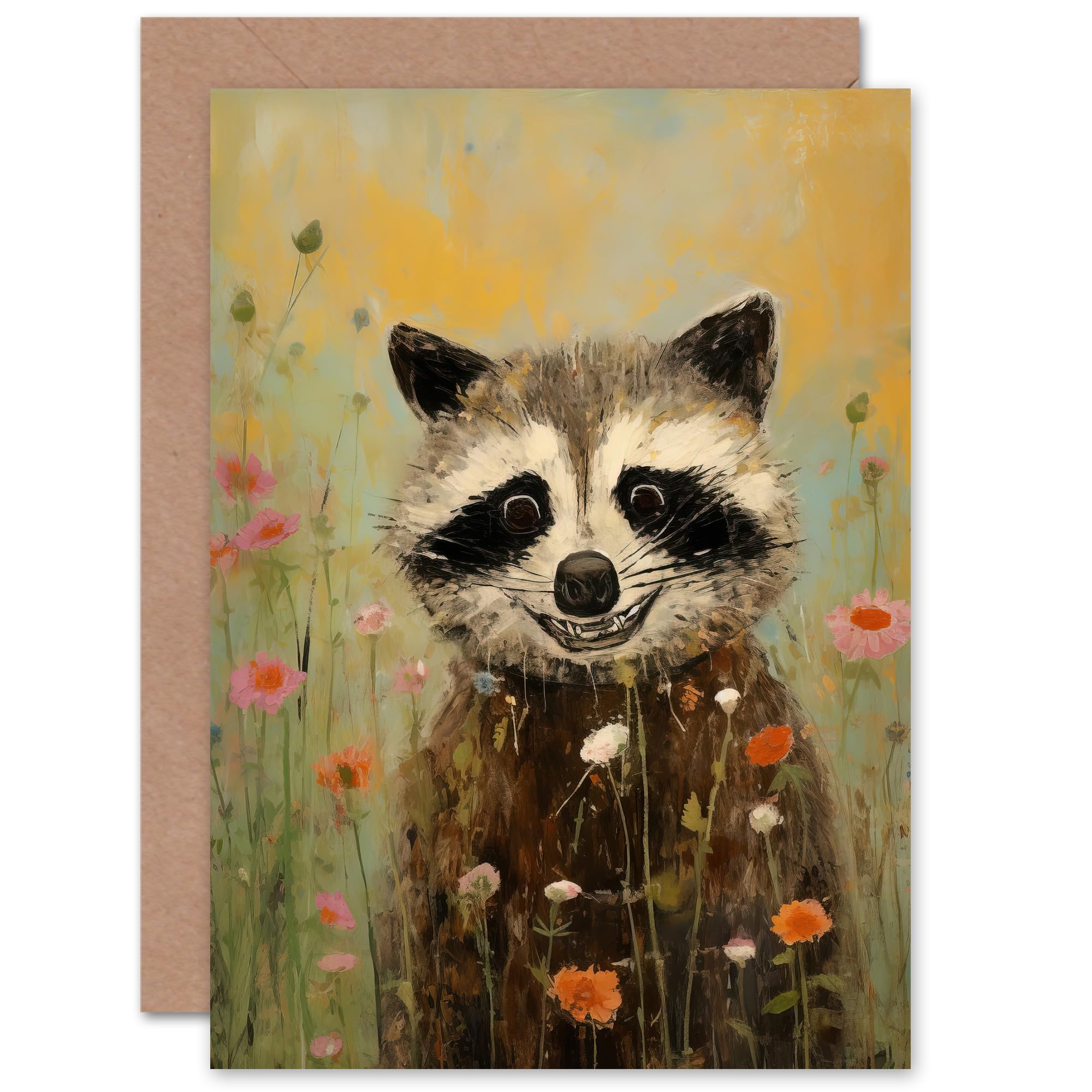 Artery8 Gleeful Raccoon Spring Meadow Fun for Wife Her Mum Sister Daughter Mom Gran Nan Birthday Thank You Kids Child Blank Art Greeting Card