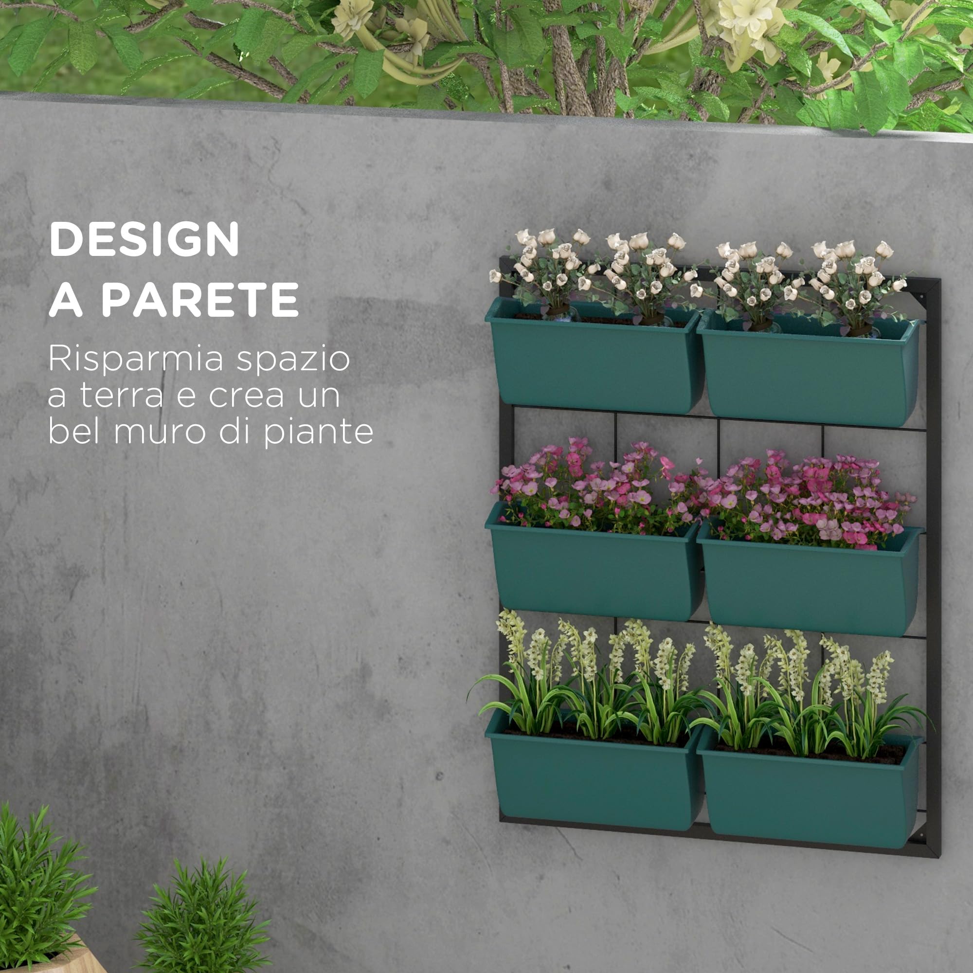 Outsunny Fioriera da Esterno Verticale 3 Livelli 52x14x66 cm Verde | 6 Vasi in Plastica con Fori di Drenaggio, Portavasi da Appendere per Fiori ed Erbe Aromatiche, Orto Verticale